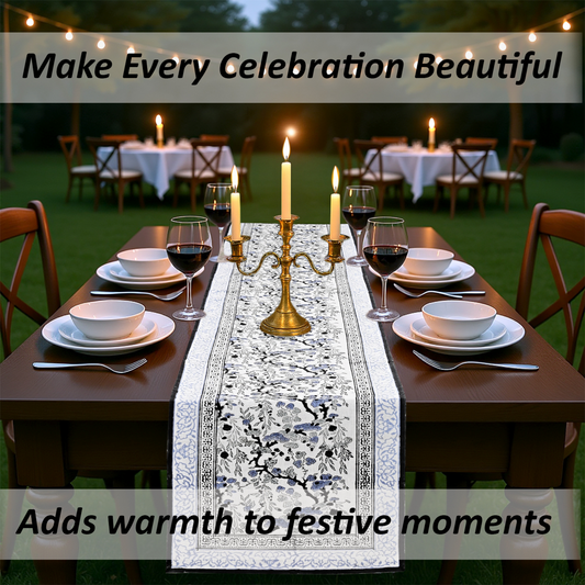 Dining table set for a celebration with candles and a decorative table runner, text overlay about making celebrations beautiful.