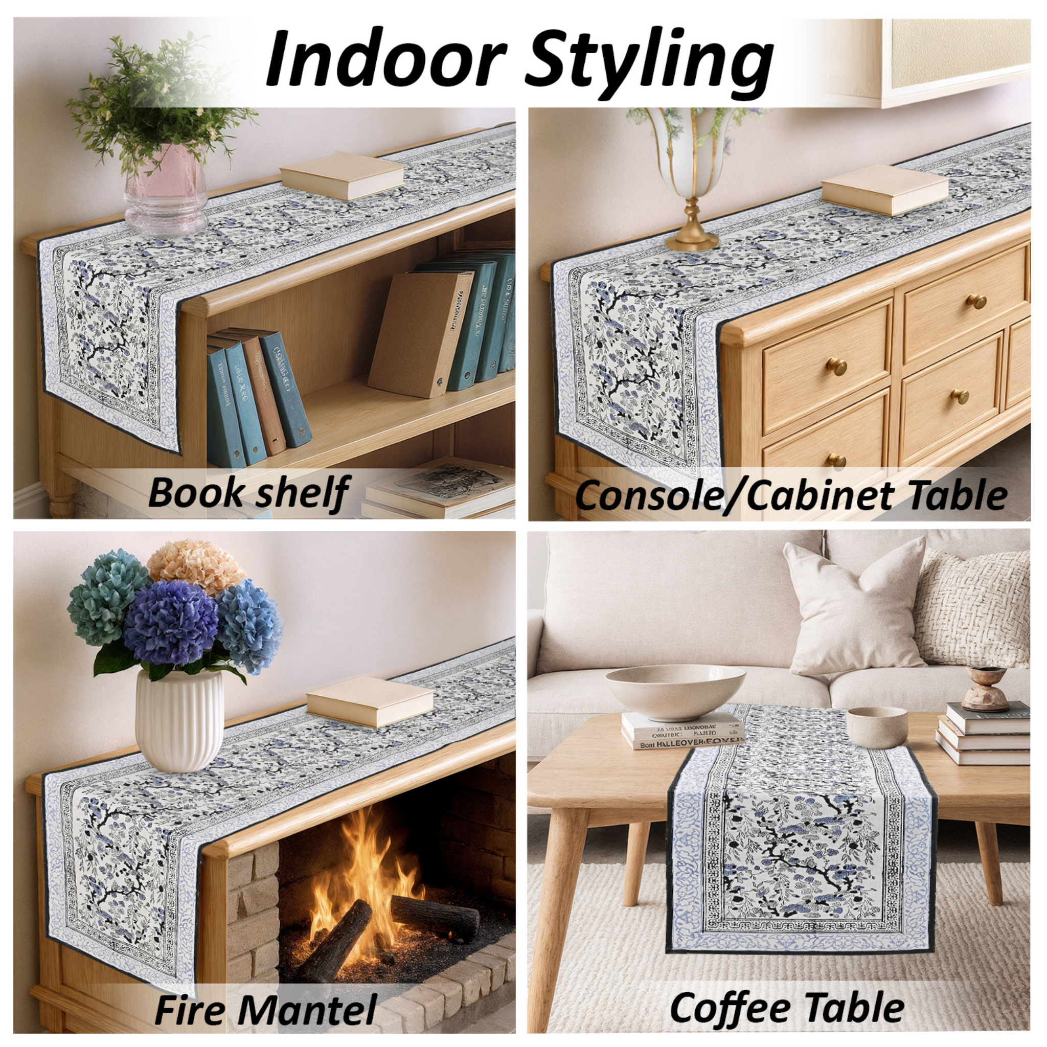 Decorative table runner used on bookshelf, console cabinet, fire mantel, and coffee table.