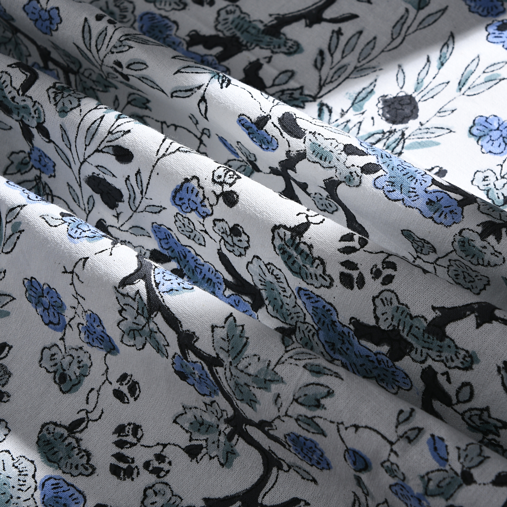 Close-up of floral fabric with blue and black patterns on a white background