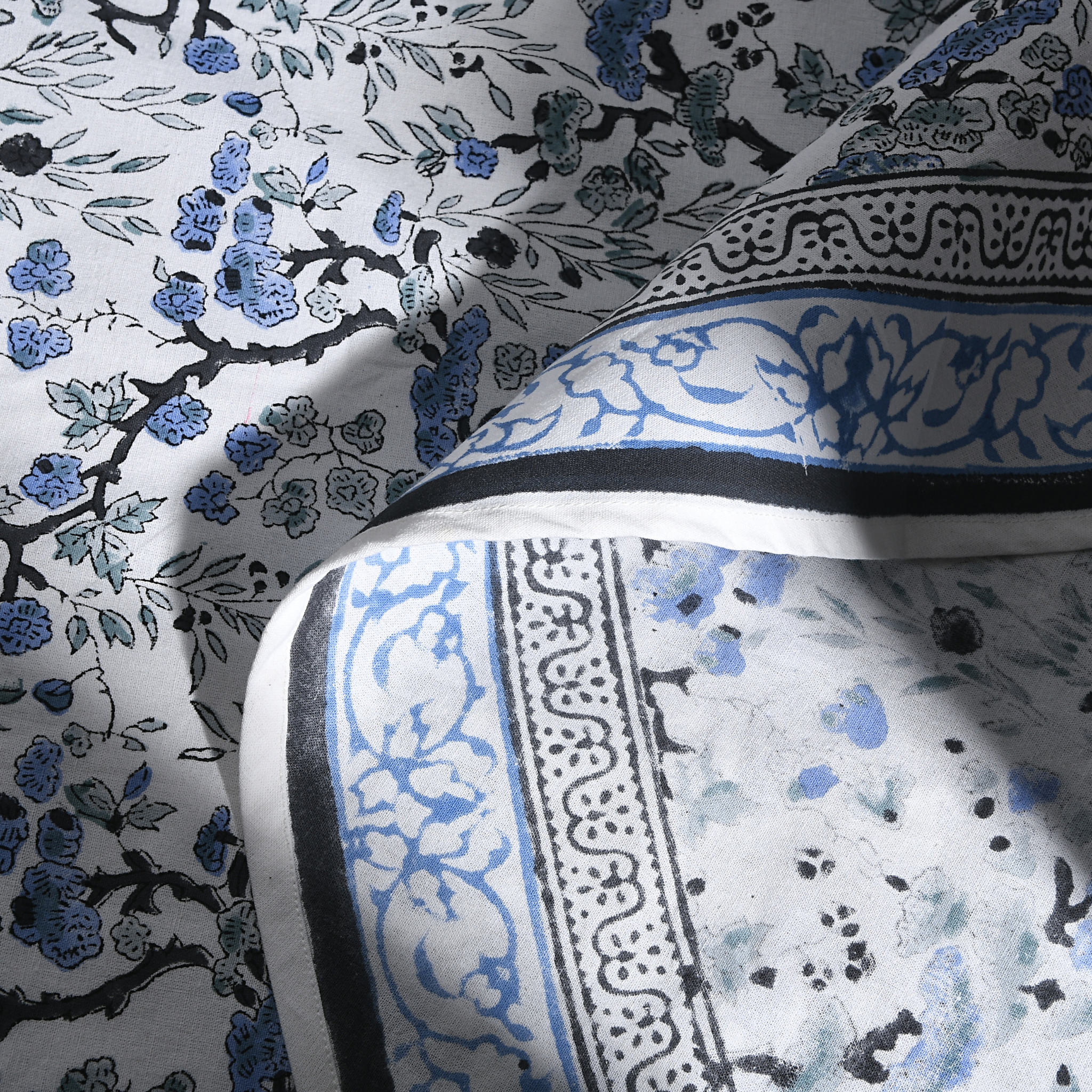 Close-up of patterned fabric with blue, black, and white design