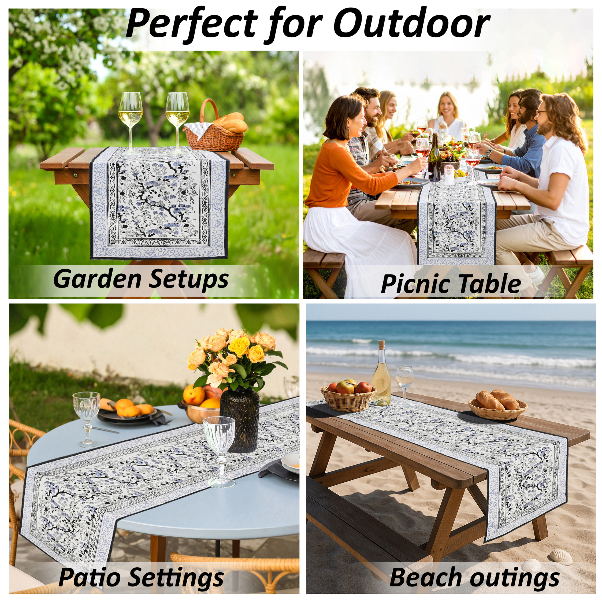 Table runner used in various outdoor settings including garden, picnic, patio, and beach.