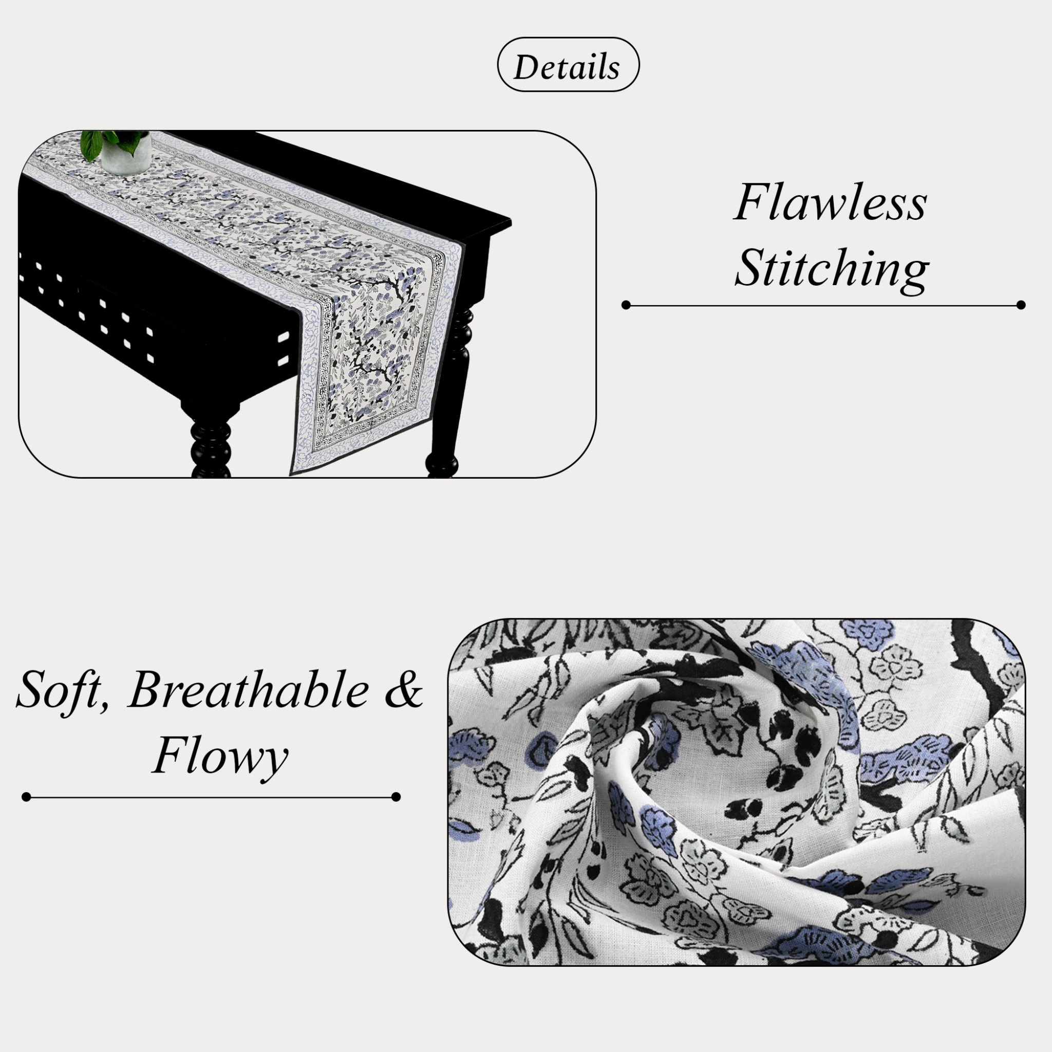 Tablecloth with floral pattern, showing 'Flawless Stitching' and 'Soft, Breathable & Flowy' text.