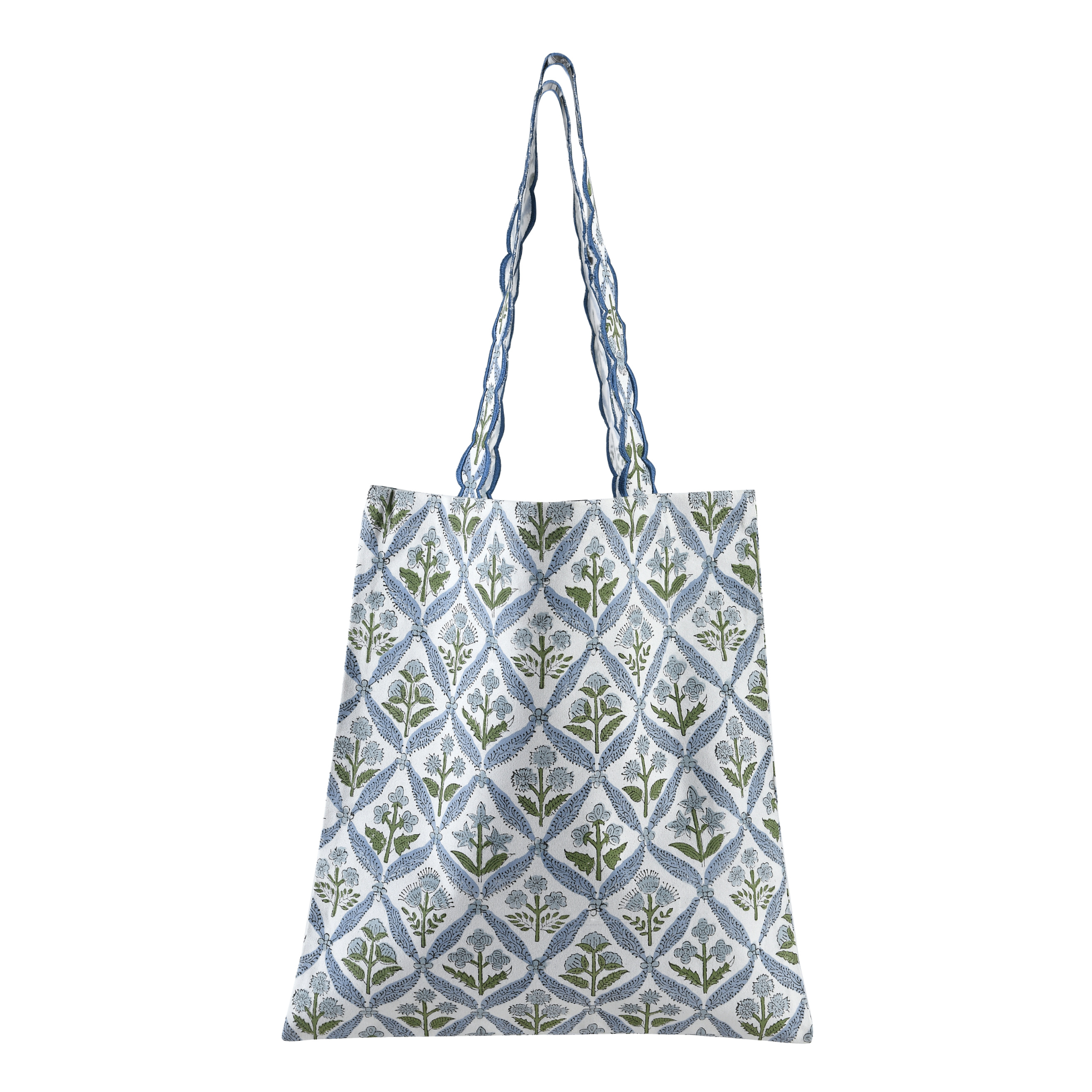Reusable shopping bag with blue and green pattern on a white background