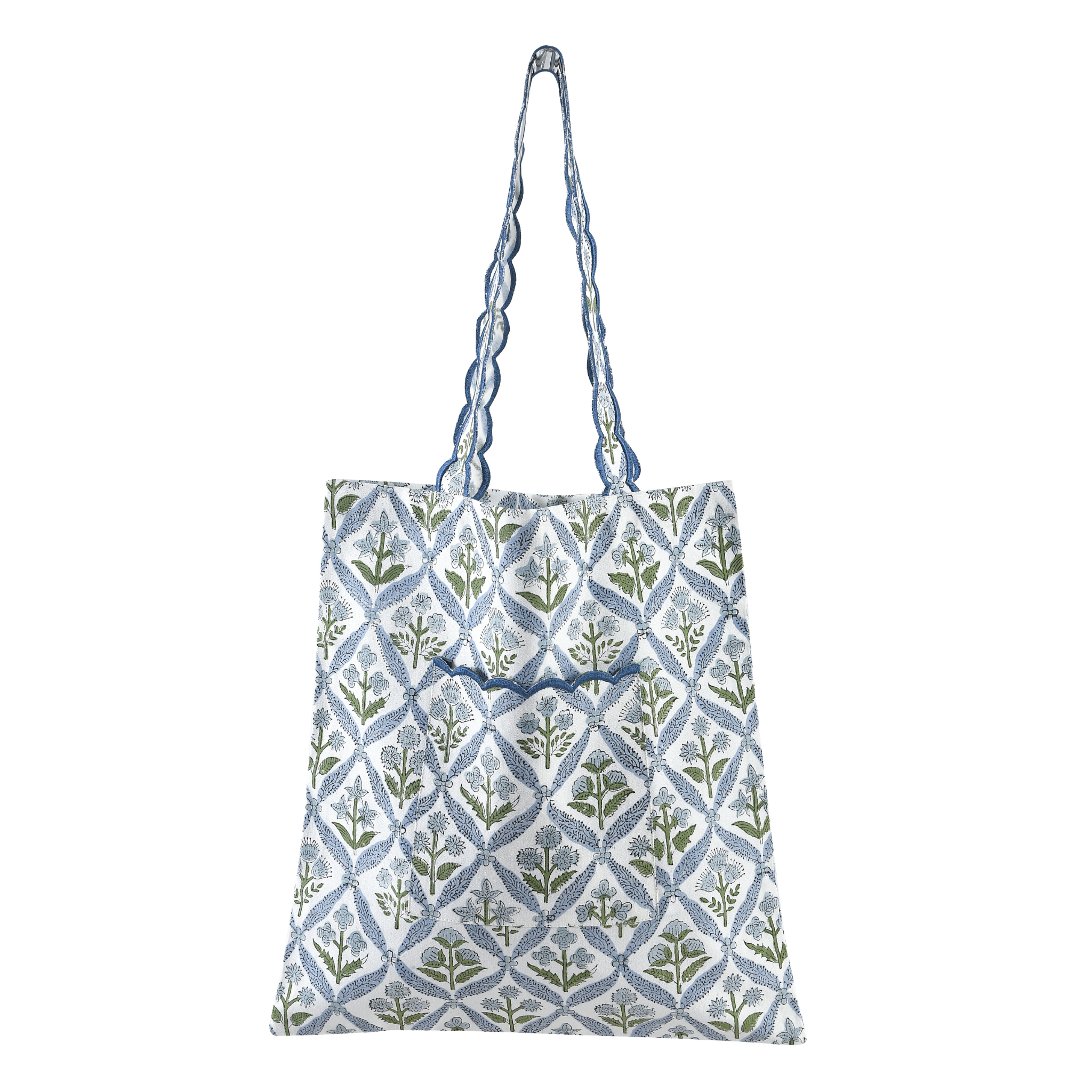 Patterned bag with a strap on a white background