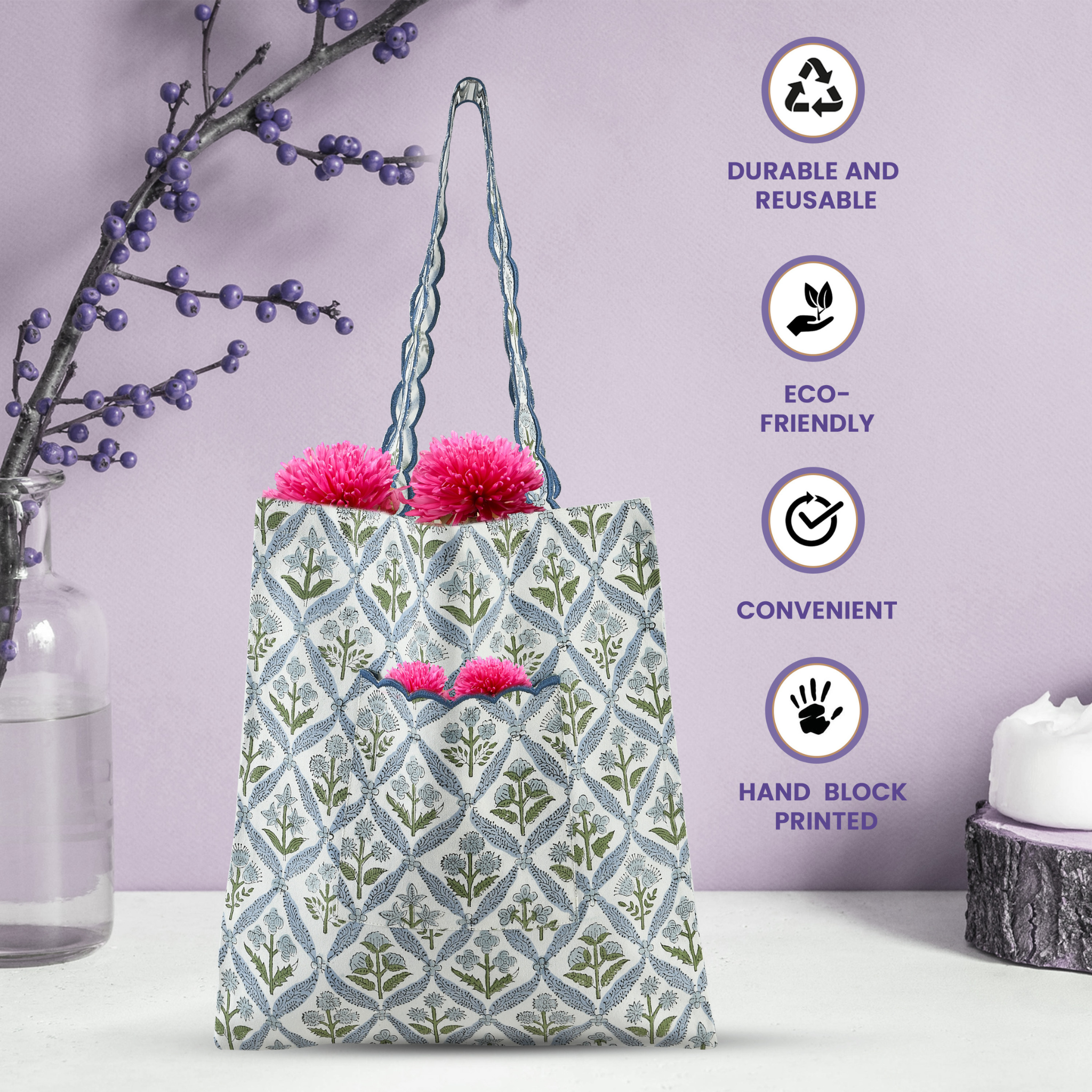 Tote bag with floral design and pink flowers, displayed with eco-friendly icons and text.