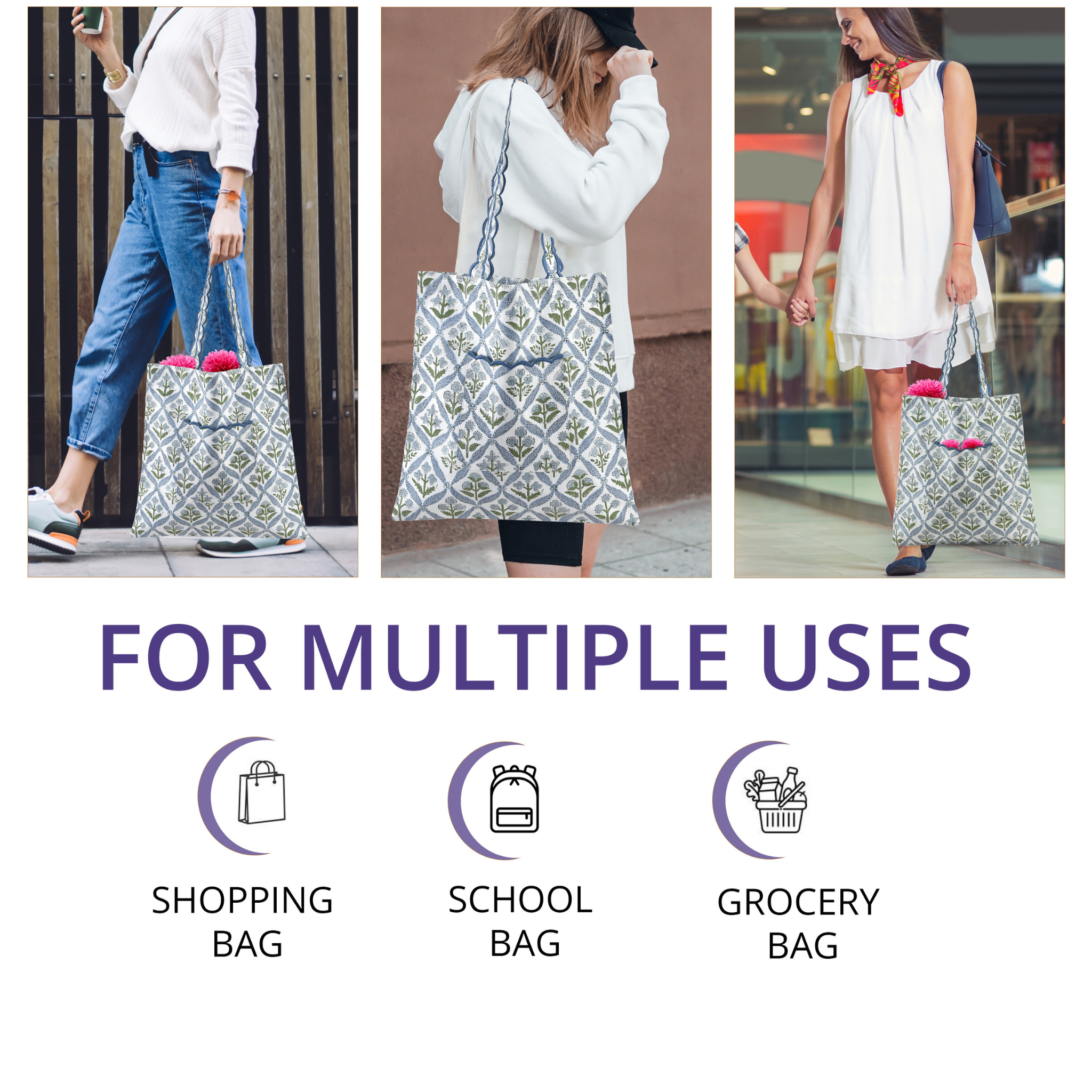 Three women using a patterned bag for shopping, school, and grocery purposes.