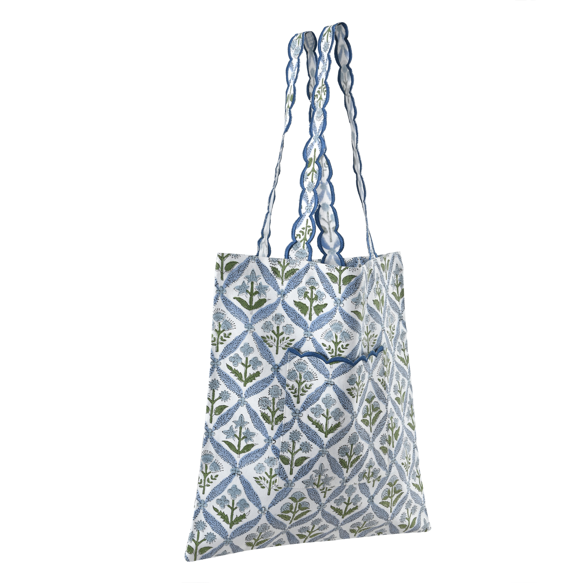 Reusable shopping bag with blue and green pattern on a white background