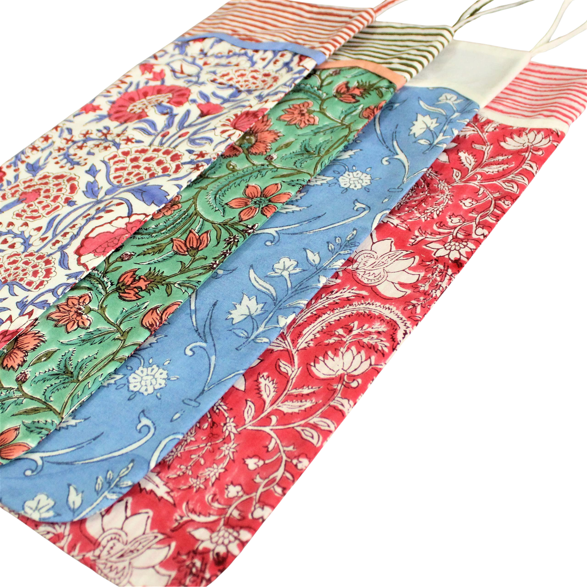 Collection of colorful fabric swatches with floral and abstract patterns.