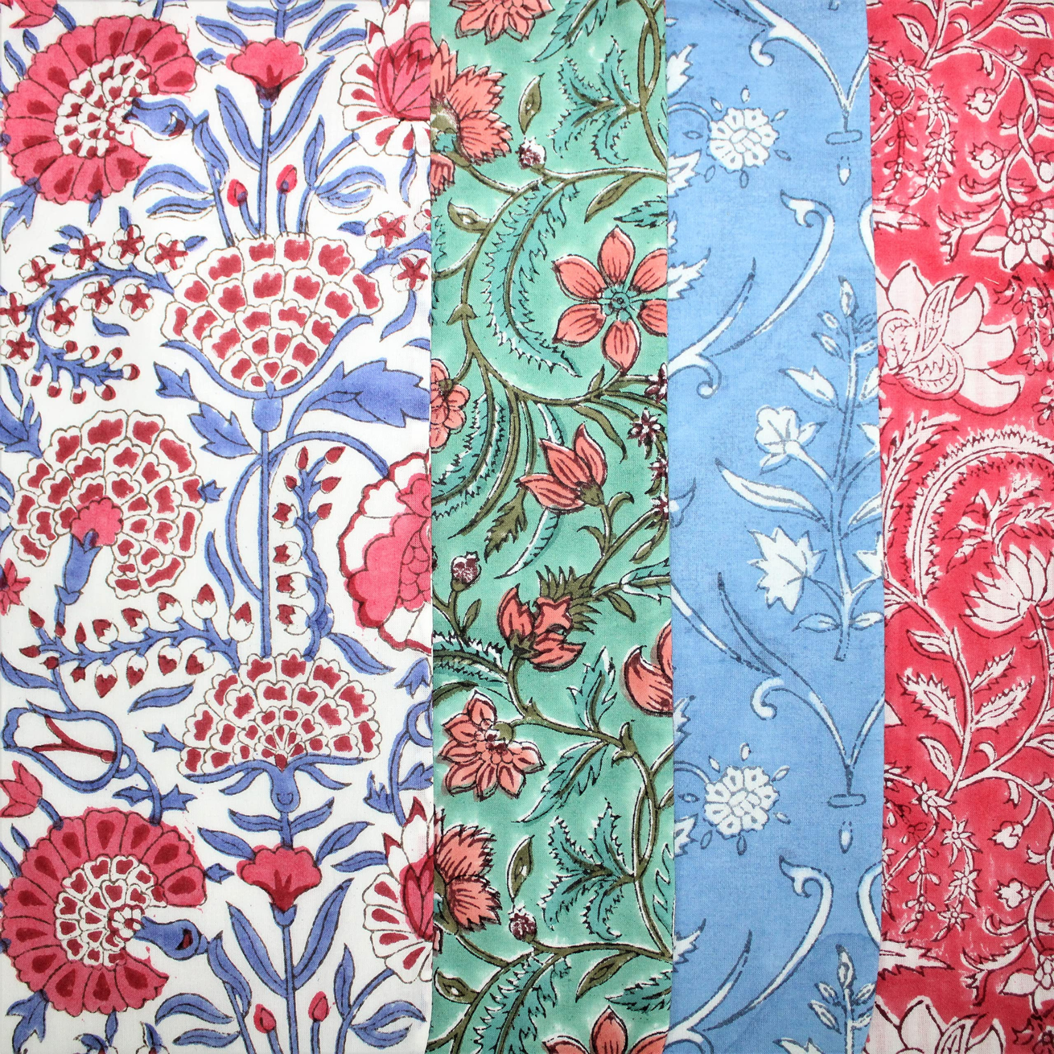 Four different floral patterned fabrics arranged in a grid.