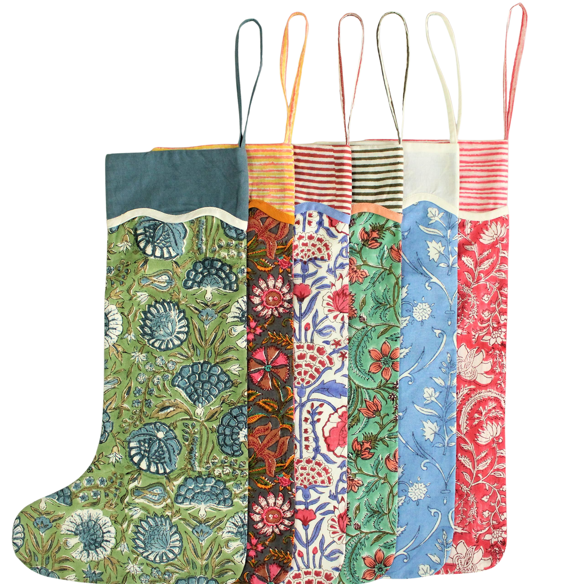 Set of colorful fabric bags with floral patterns on a white background
