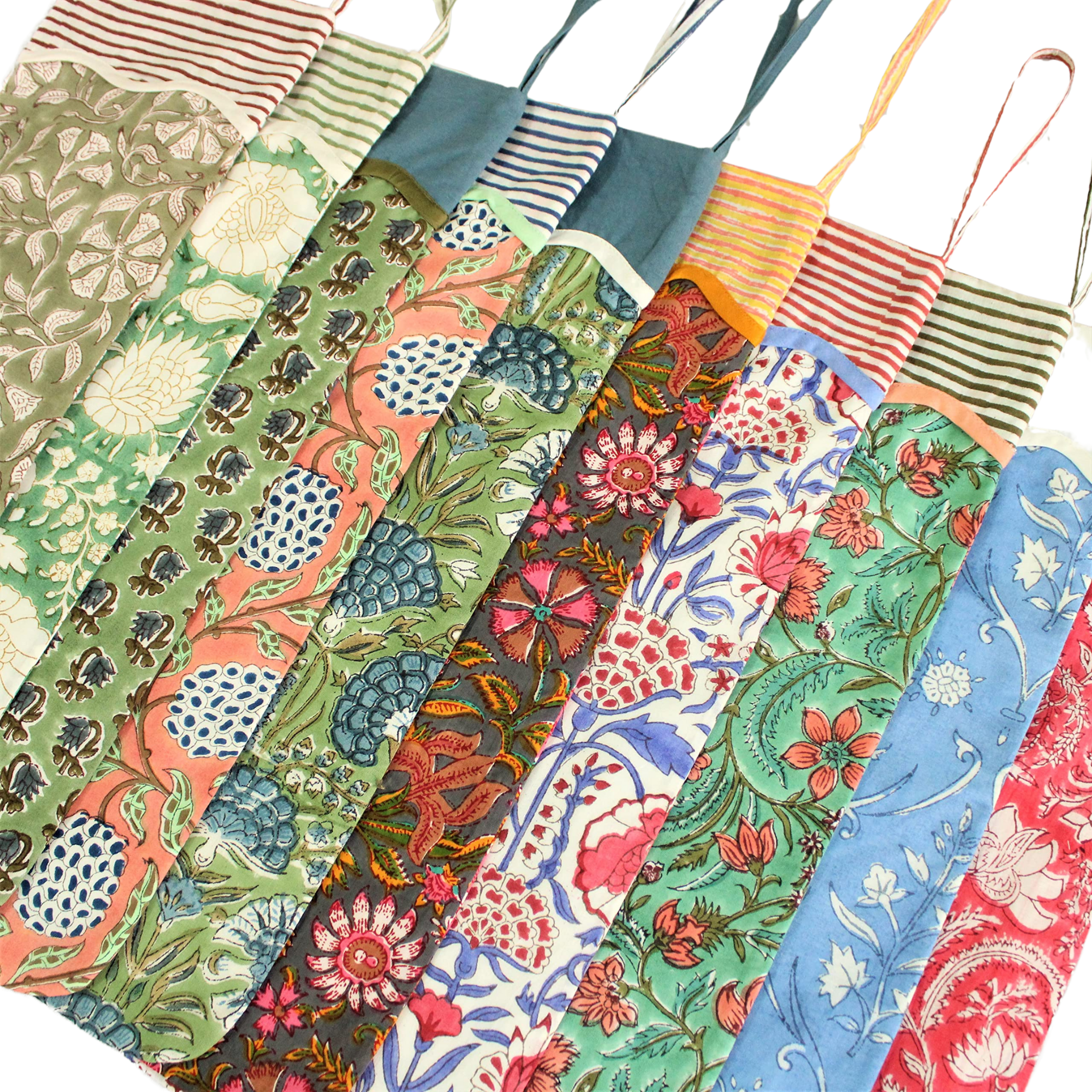 Collection of colorful fabric strips with various patterns