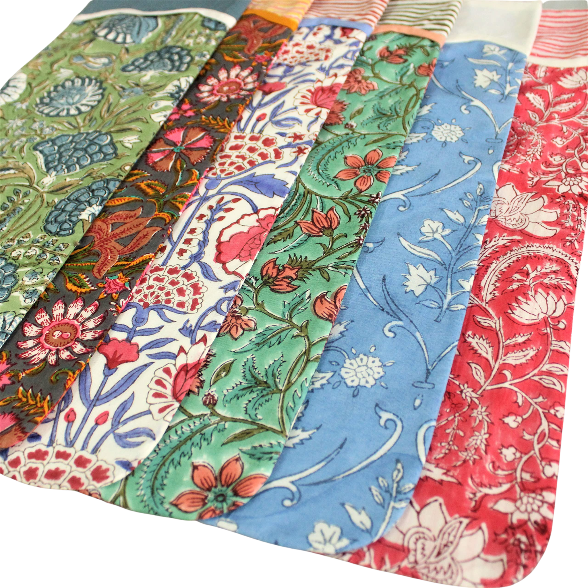 Collection of colorful fabric swatches with floral patterns on a white background