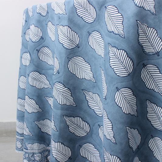 Blue fabric with white leaf pattern