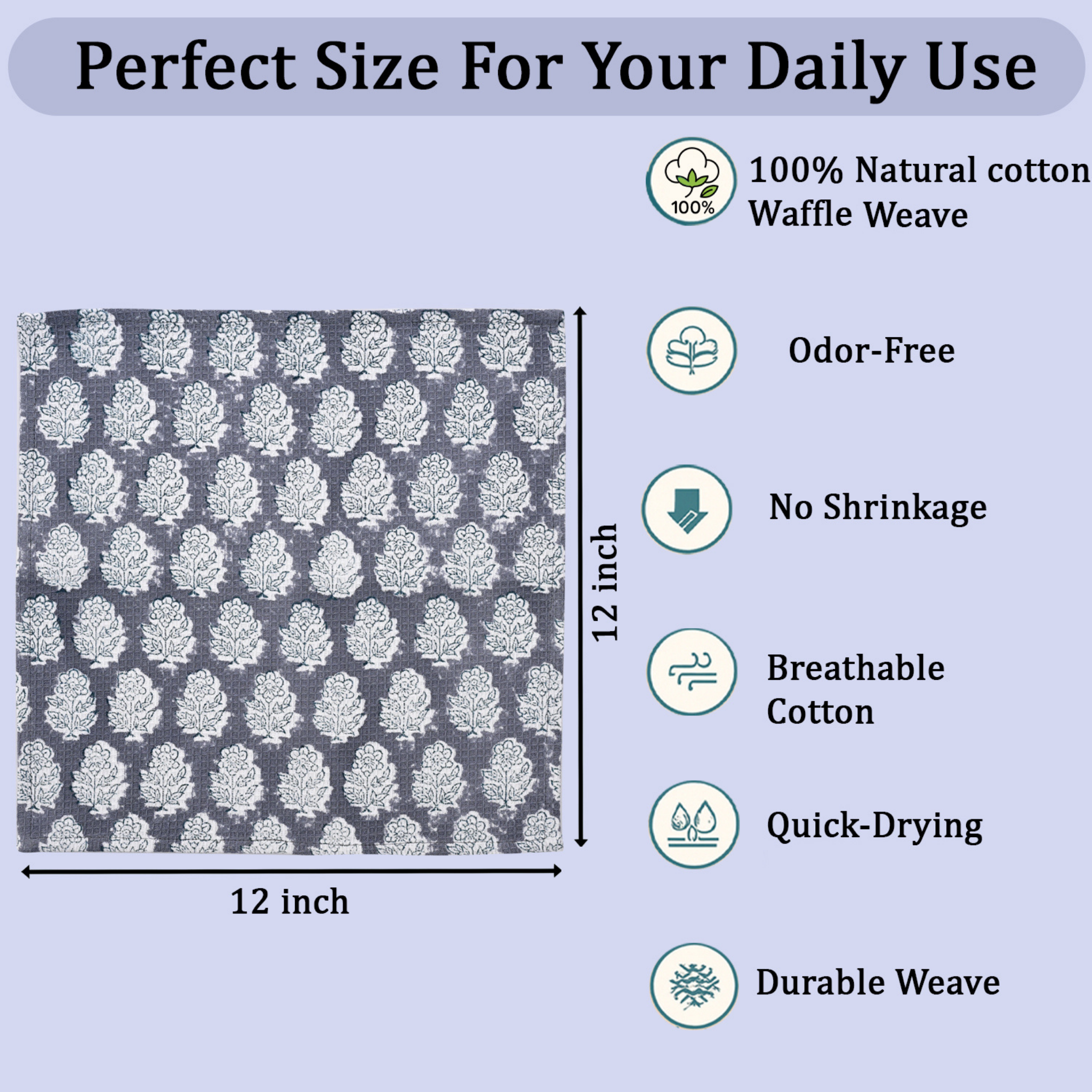 Cotton fabric with a pattern, size 12x12 inches, and listed properties on a light blue background.