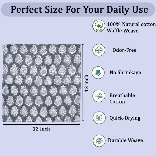 Cotton fabric with a pattern, size 12x12 inches, and listed properties on a light blue background.