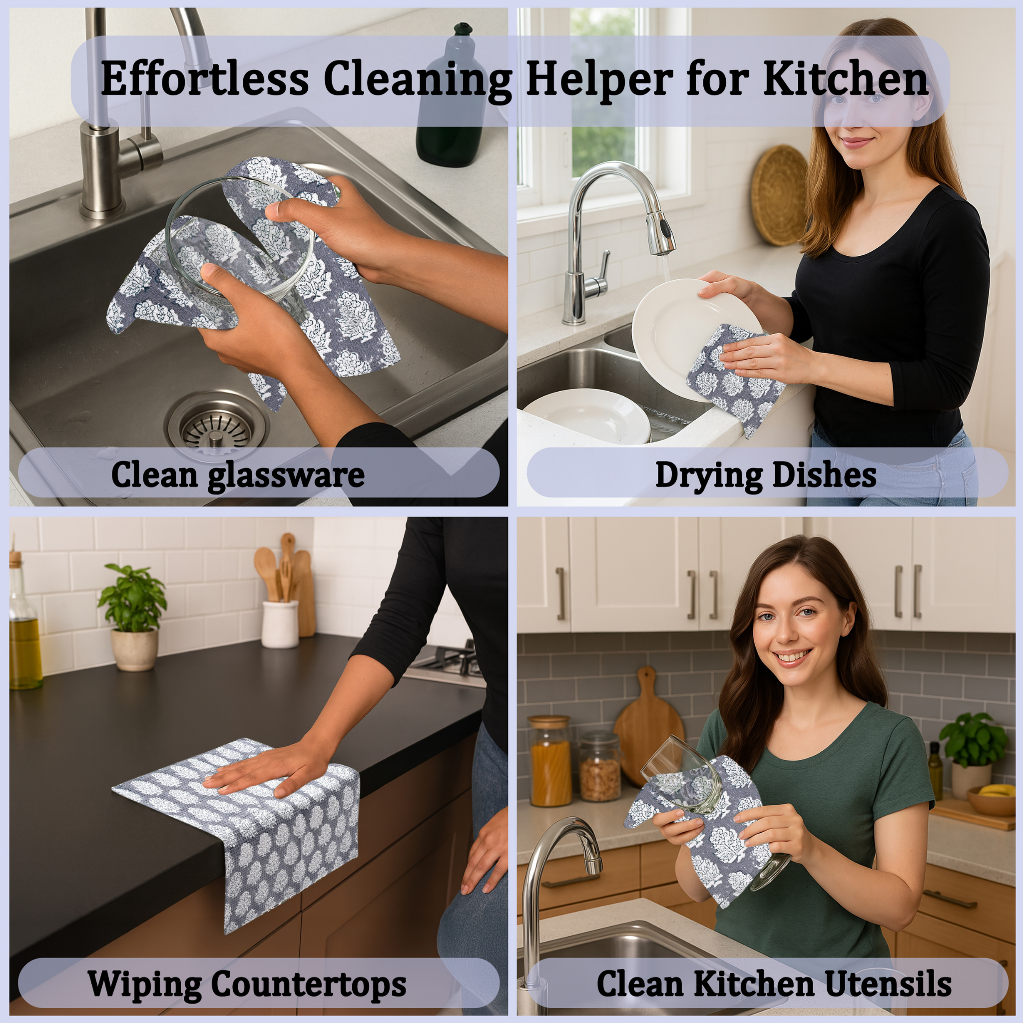 Collage of a woman using a cleaning cloth in various kitchen scenarios with text overlay.