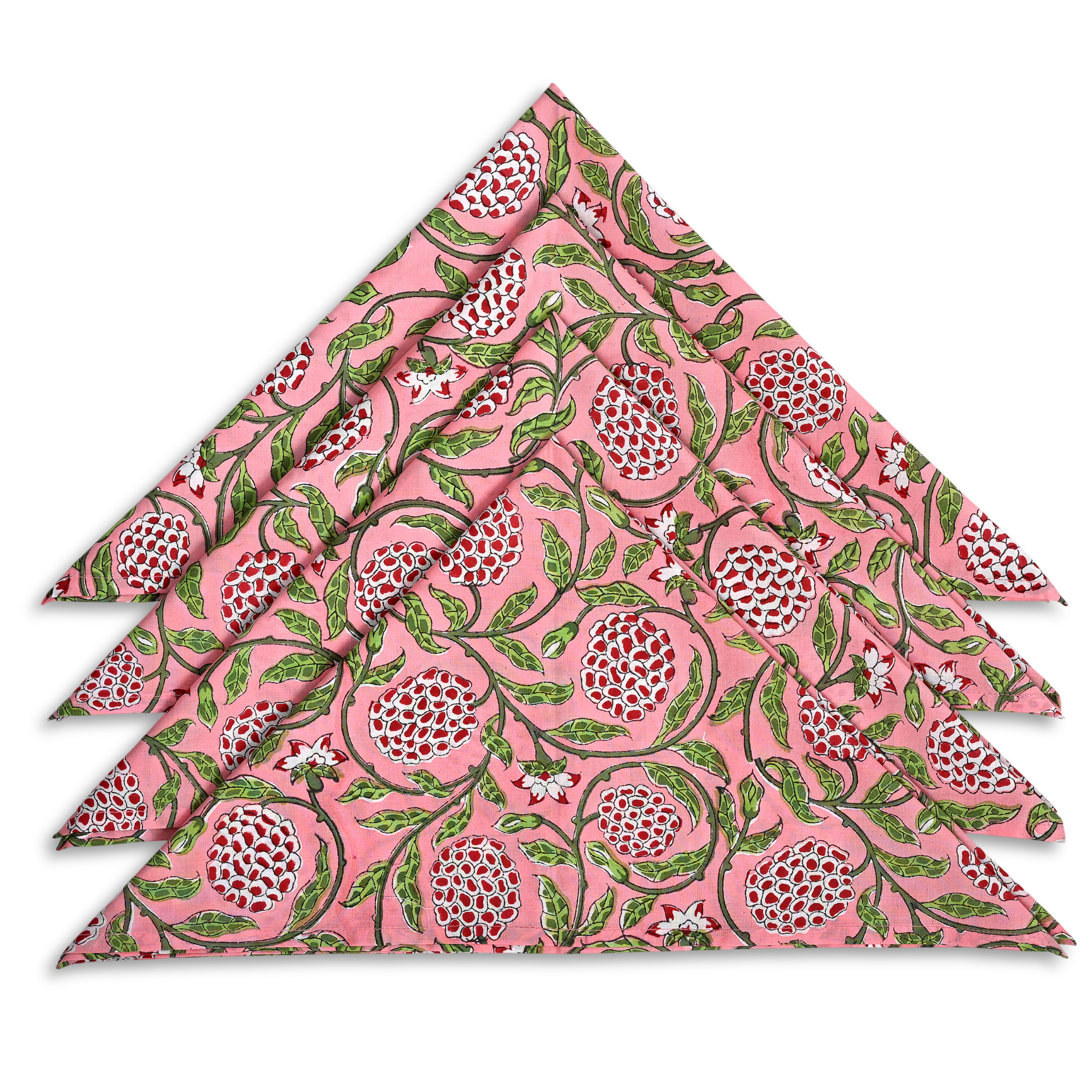 Set of four pink napkins with red floral pattern on a white background