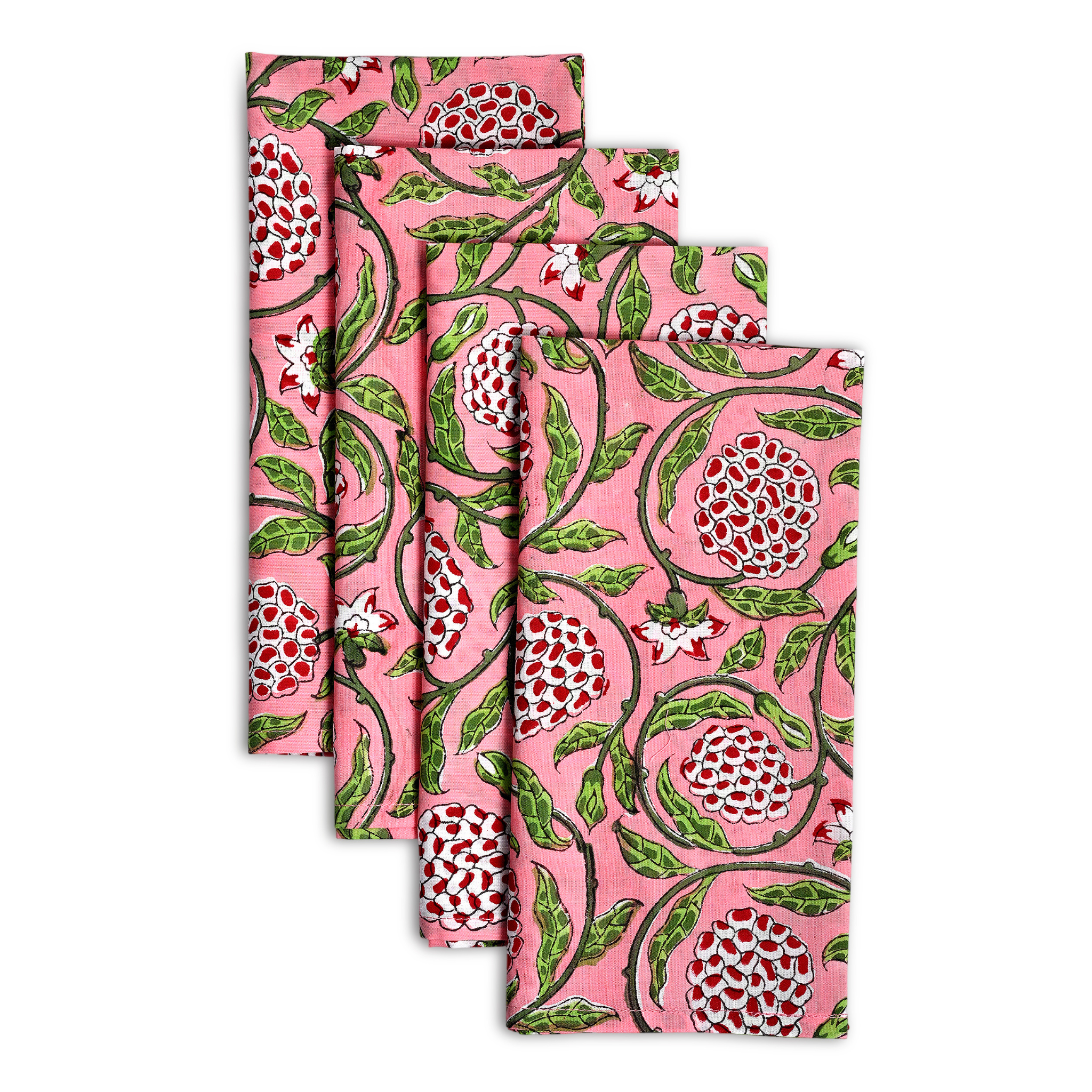 Set of four floral-patterned napkins on a white background