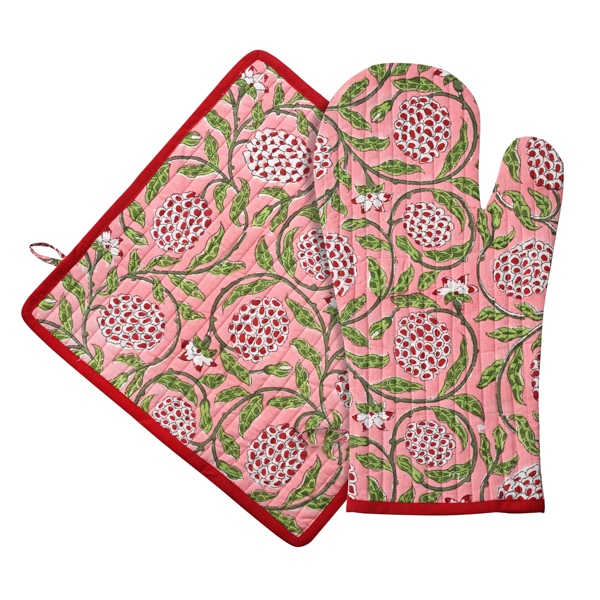 Set of oven mitt and pot holder with pomegranate pattern on a pink background