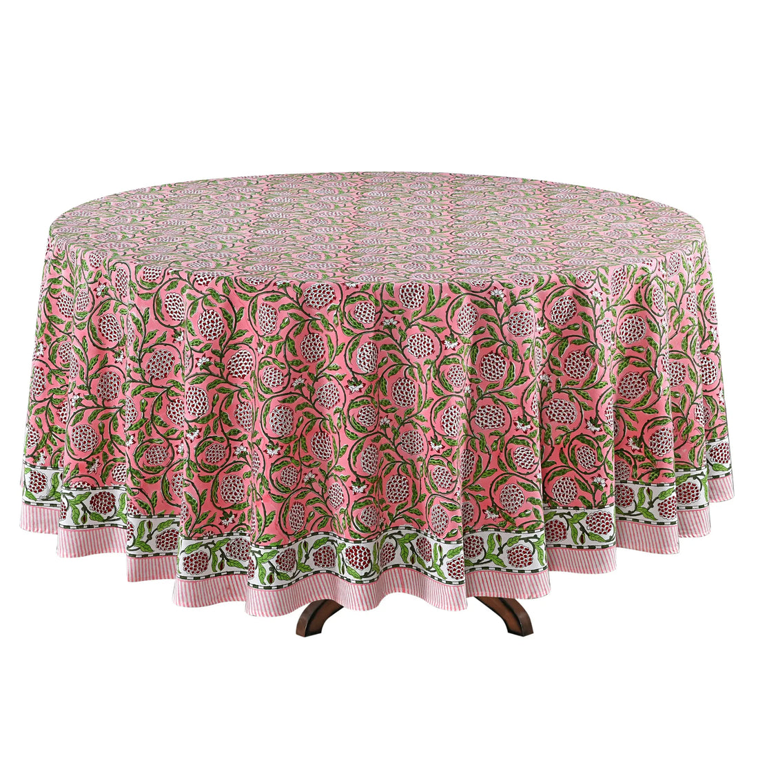 Round tablecloth with pink and green floral pattern on a white background