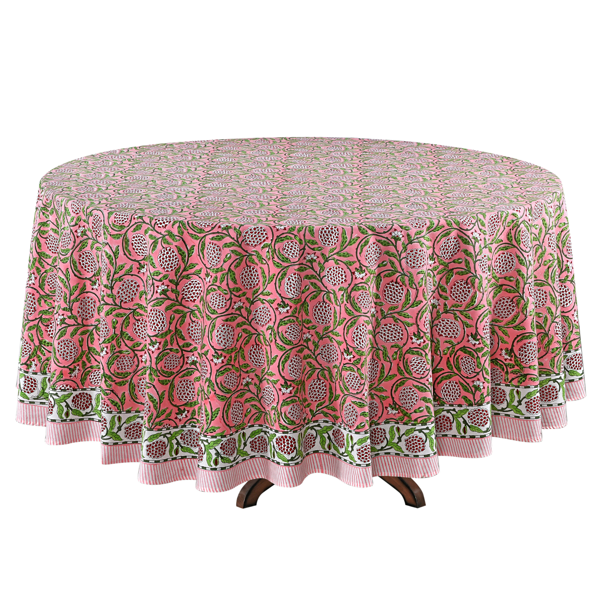 Round tablecloth with pink and green floral pattern on a white background