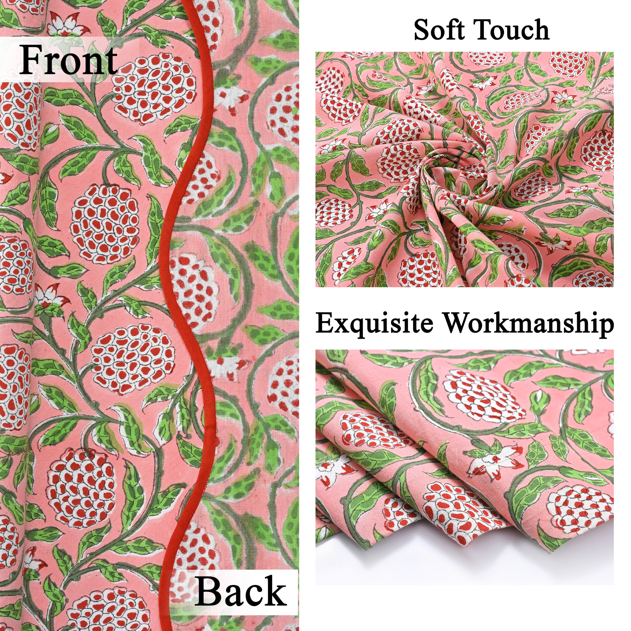 Fabric with pink and green floral pattern, showing front and back views with text on softness and workmanship.