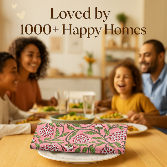 Family enjoying a meal together with a decorative napkin on a table.