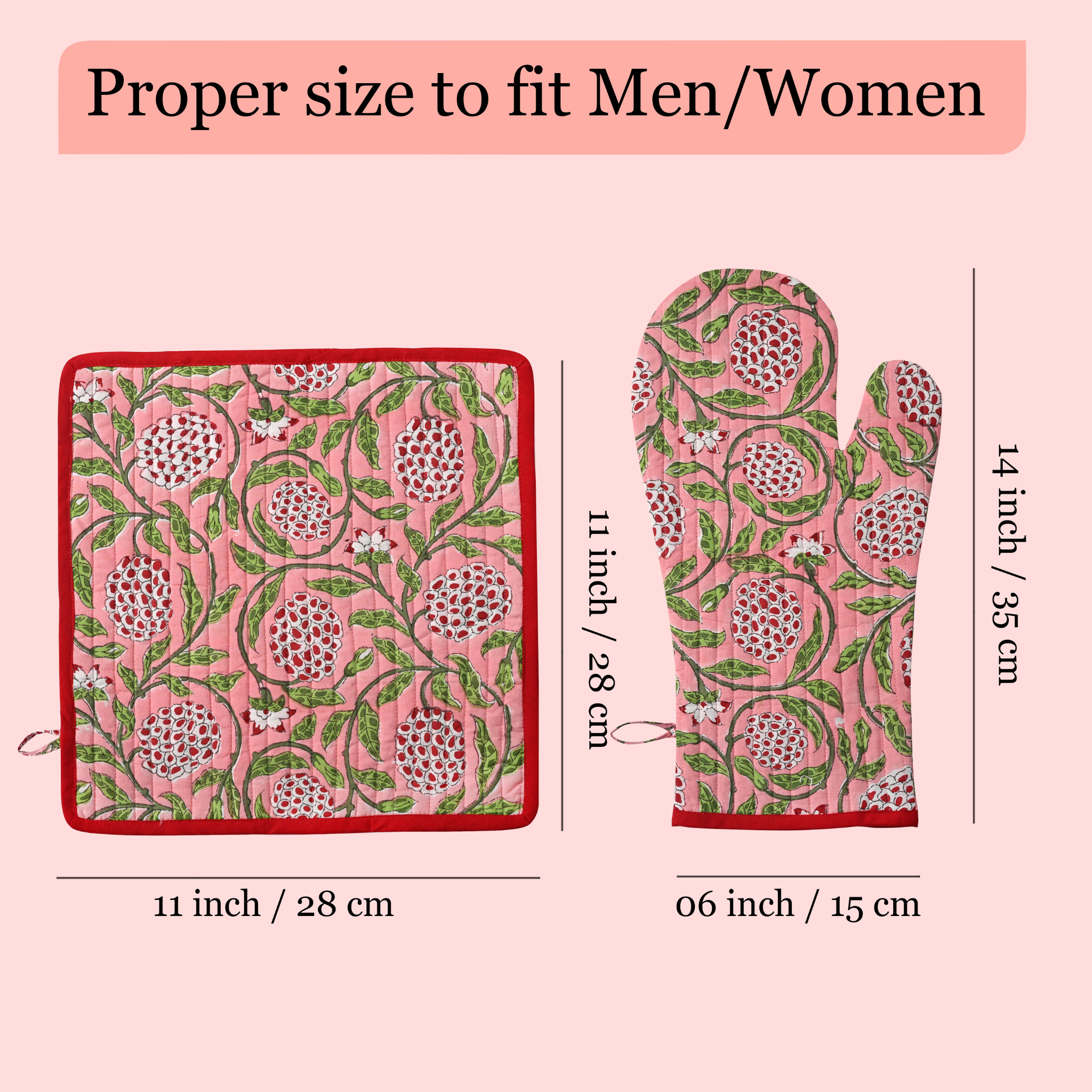 Pink floral pot holder and oven mitt with measurements on a pink background