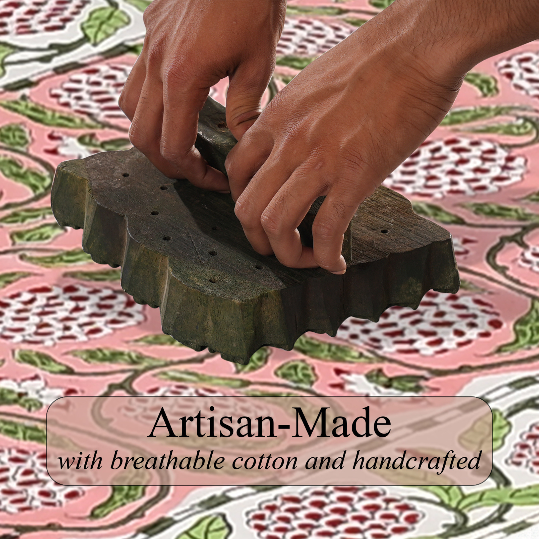 Hands using a textured green object on a patterned fabric background with 'Artisan-Made' text overlay.