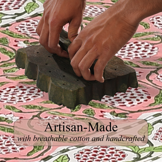 Hands using a textured green object on a patterned fabric background with 'Artisan-Made' text overlay.