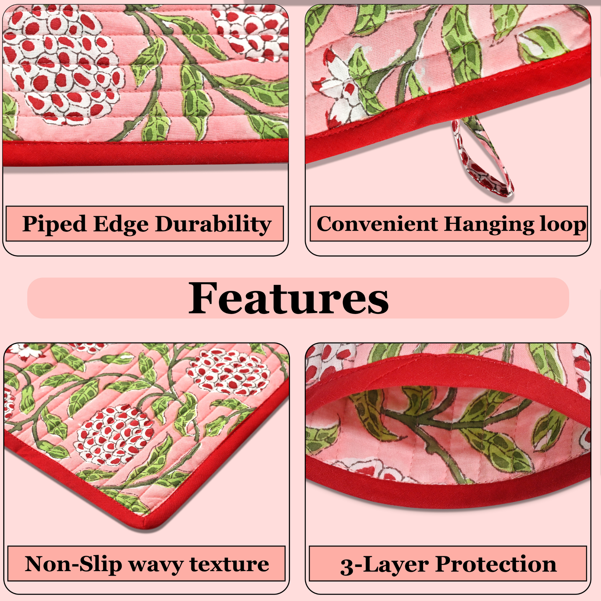 Product features with floral design on a pink background