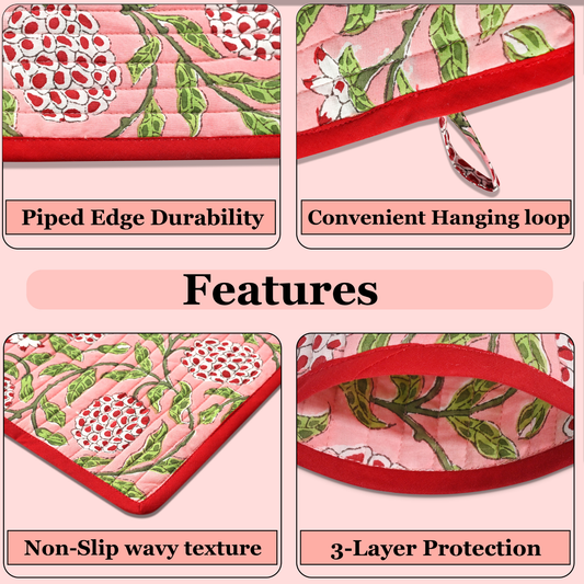 Product features with floral design on a pink background