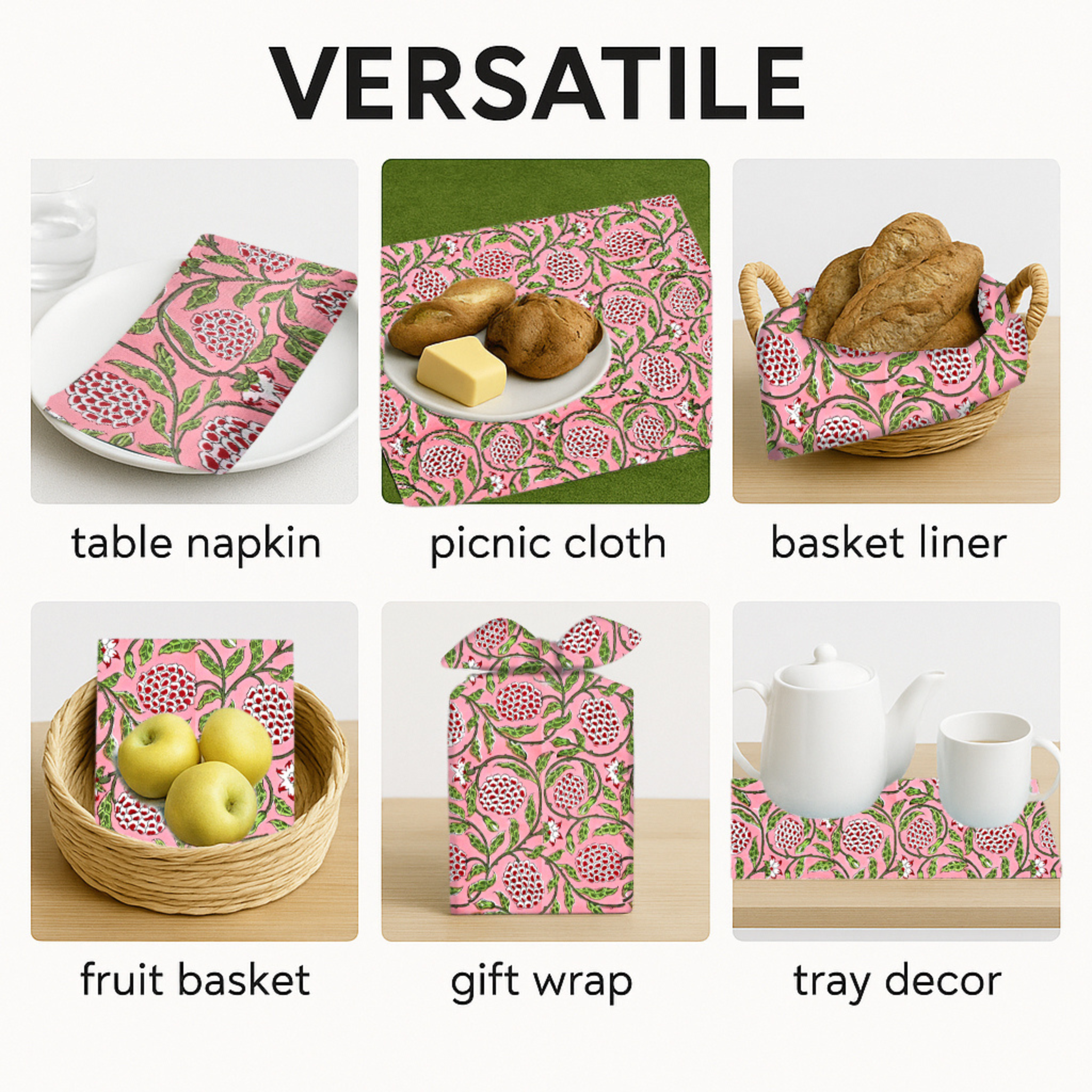 Versatile use of a tablecloth with various applications including a table napkin, picnic cloth, basket liner, fruit basket, gift wrap, and tray decor.