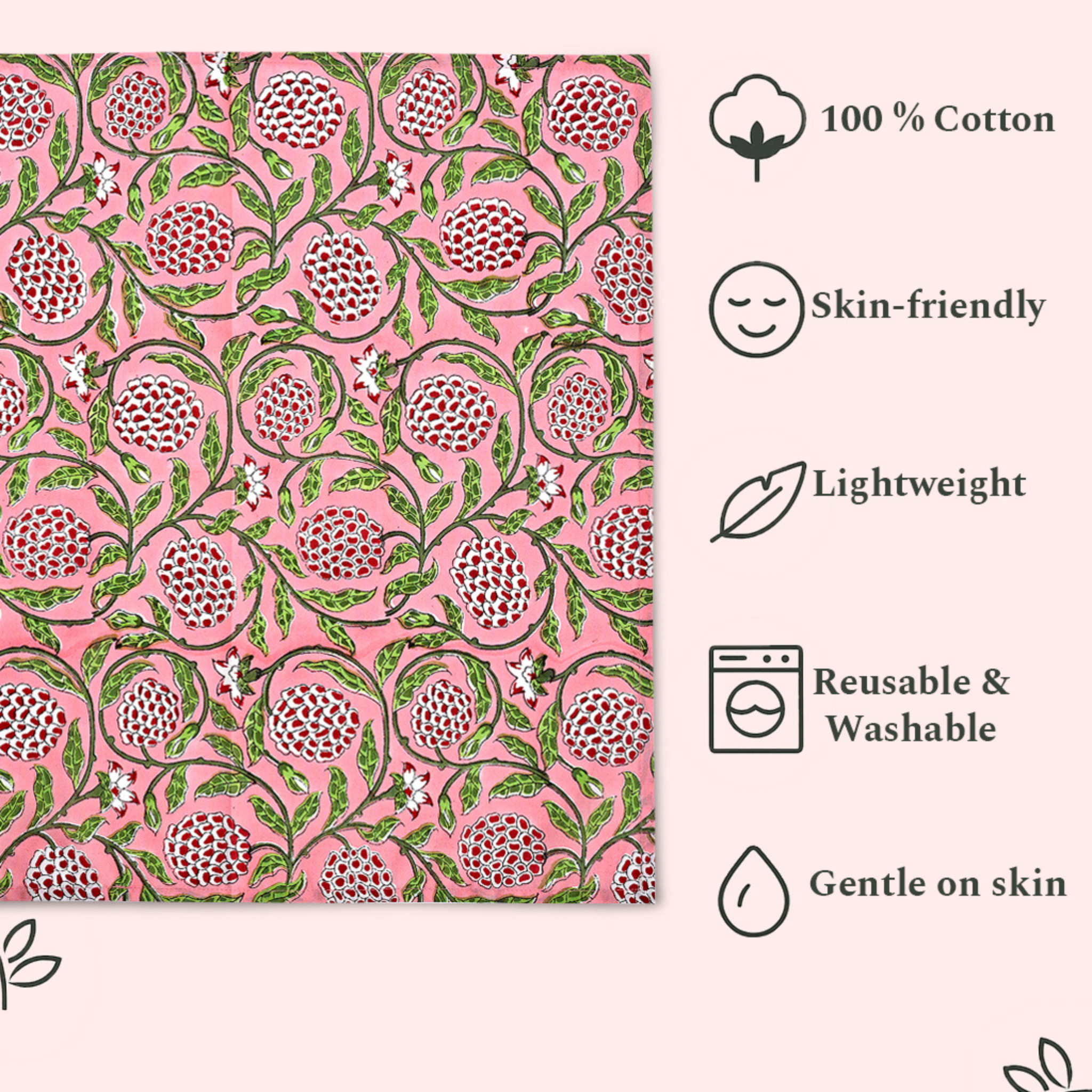 Cotton fabric with pink floral pattern and product features listed on a white background
