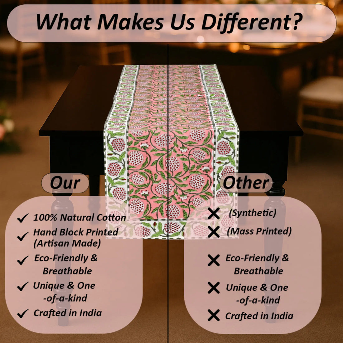 Table runner with text comparing 100% natural cotton to synthetic materials.