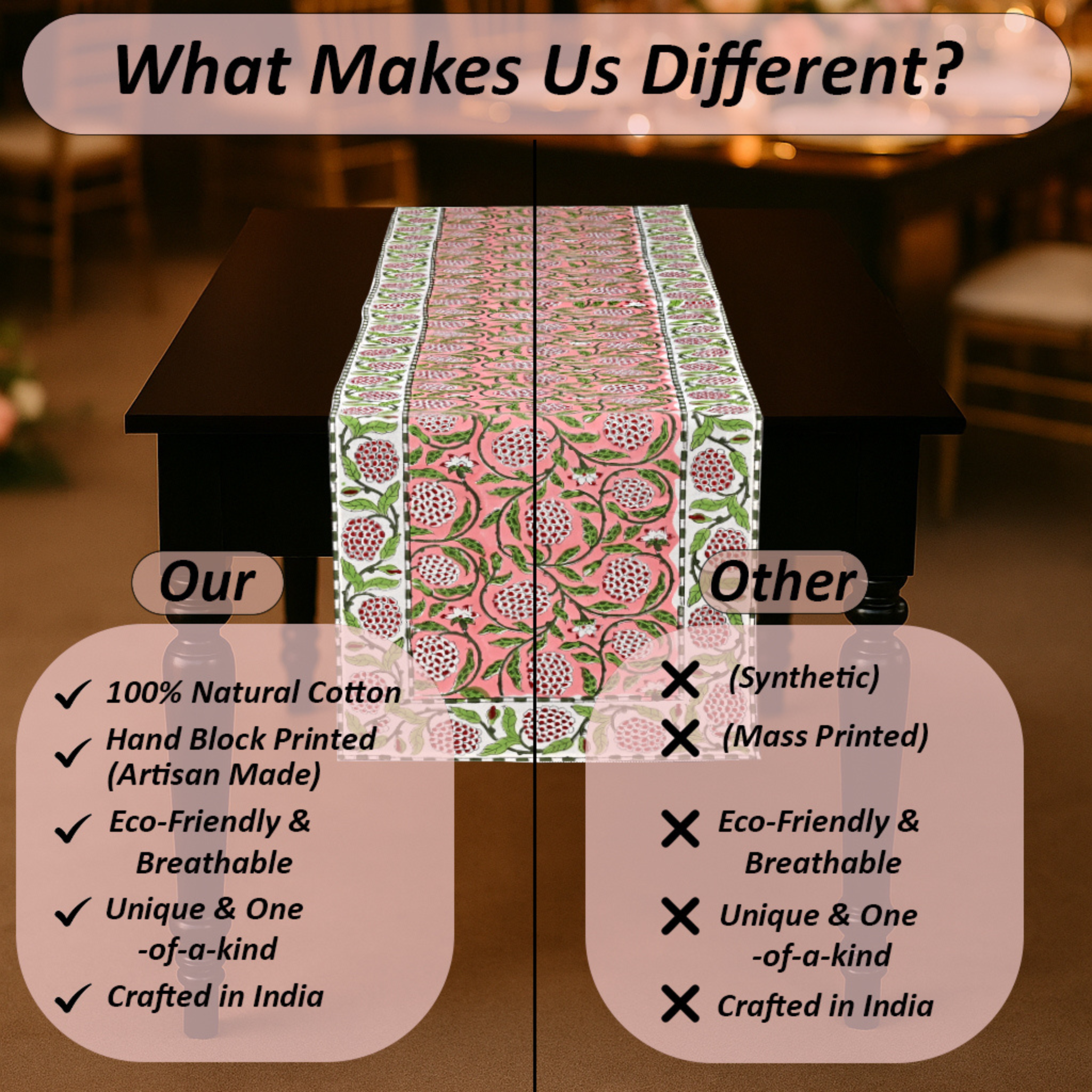 Table runner with text comparing 100% natural cotton to synthetic materials.