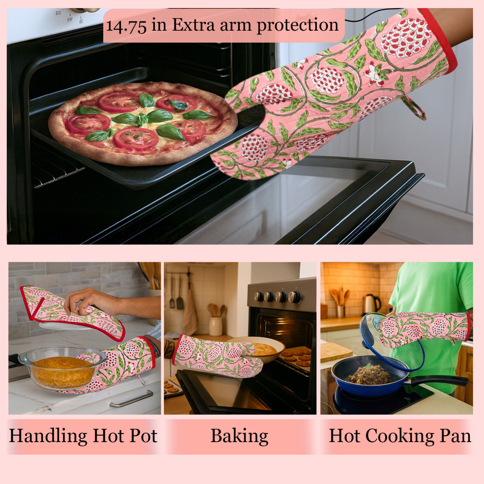 Oven mitt with floral design being used to handle hot items in a kitchen setting.