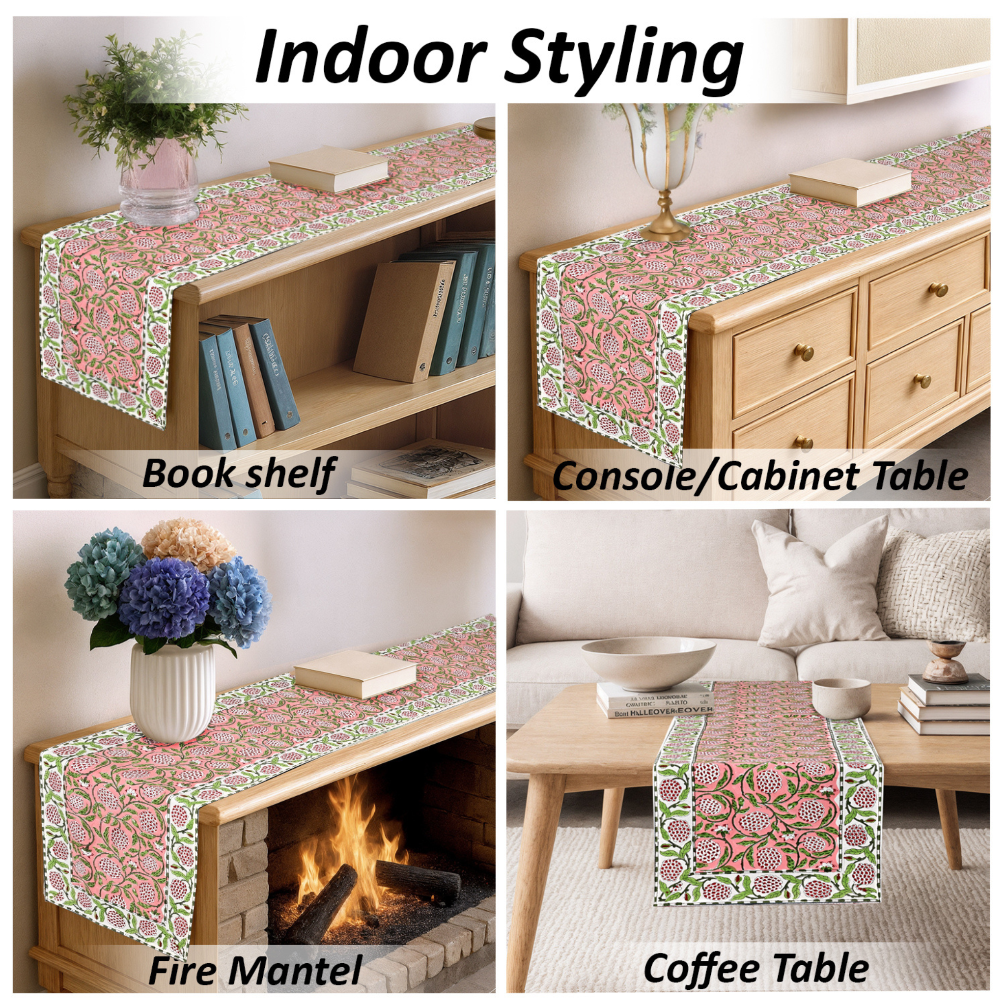 Floral patterned table runner displayed on various furniture items including a bookshelf, console cabinet, fire mantel, and coffee table.