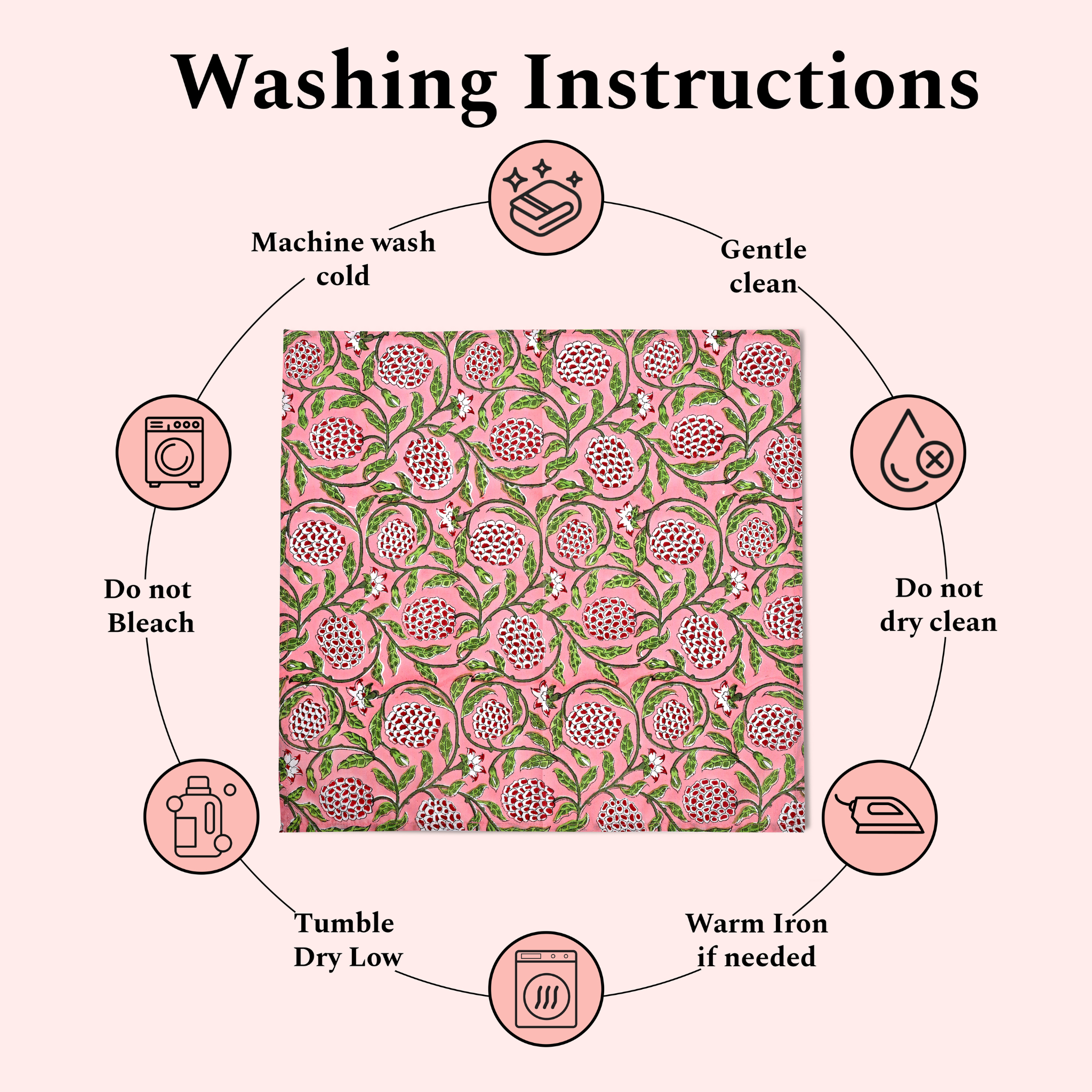 Washing instructions diagram with icons and text on a white background