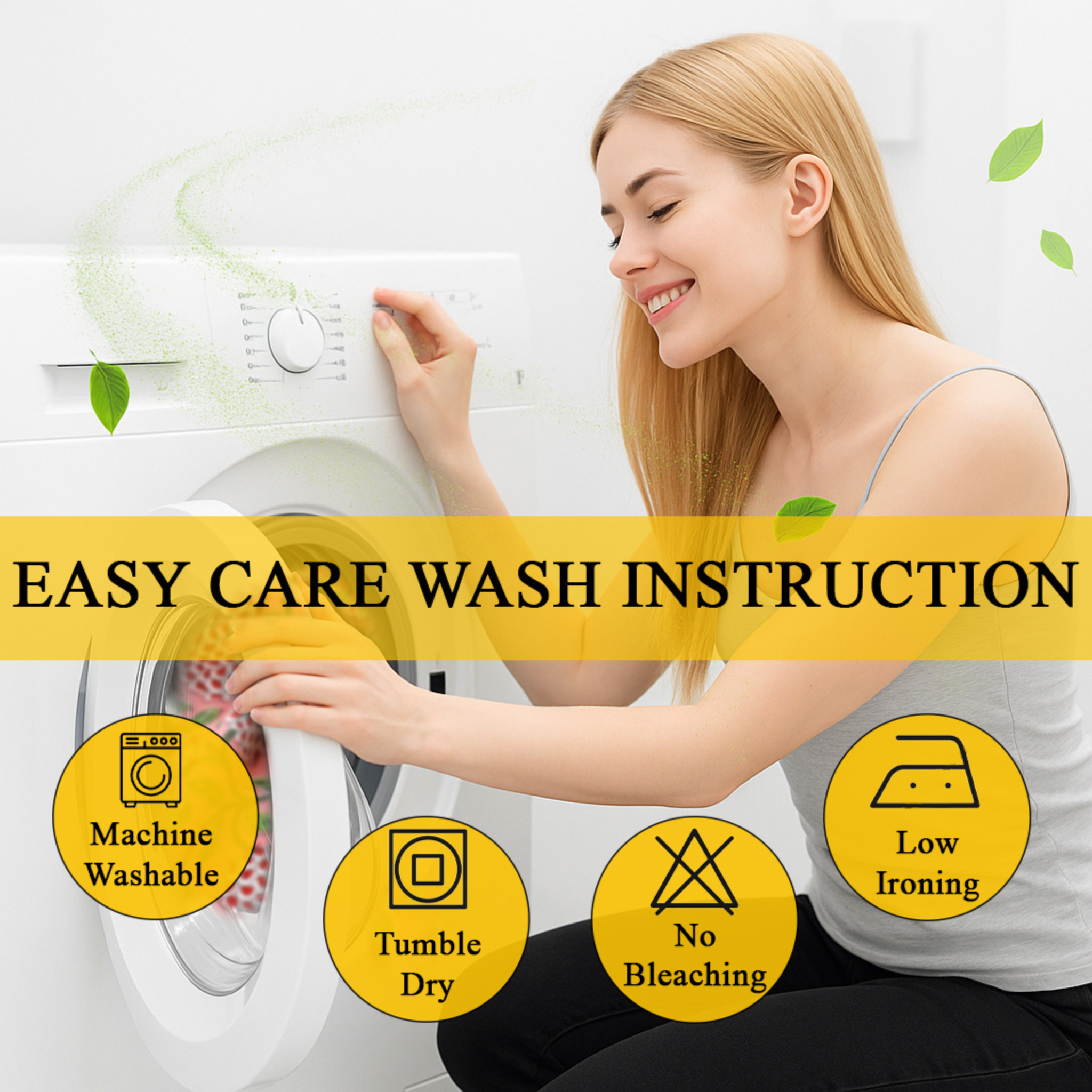 Woman interacting with a washing machine with 'Easy Care Wash Instruction' text overlay.