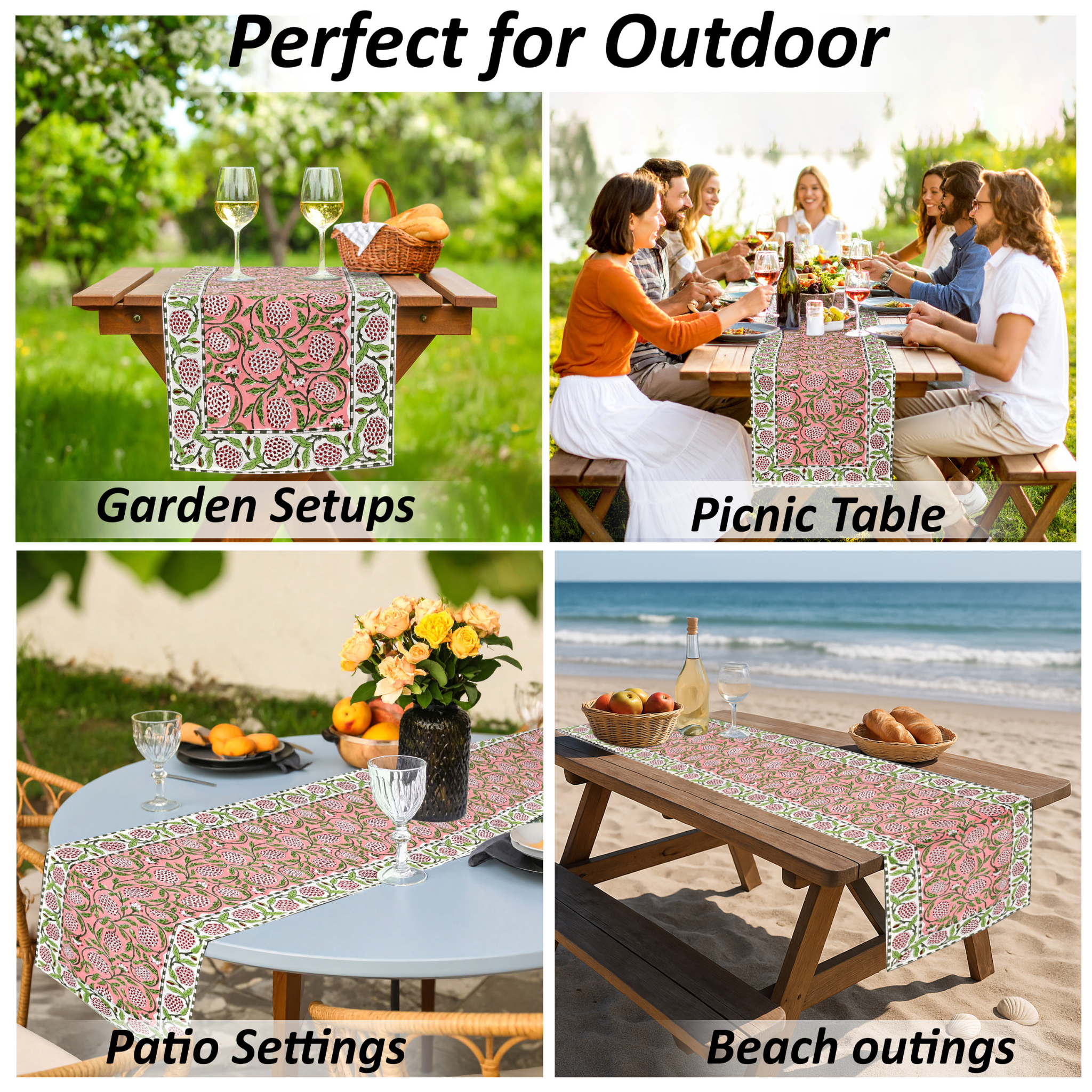 Table runner with floral pattern used in various outdoor settings including garden, picnic, patio, and beach.