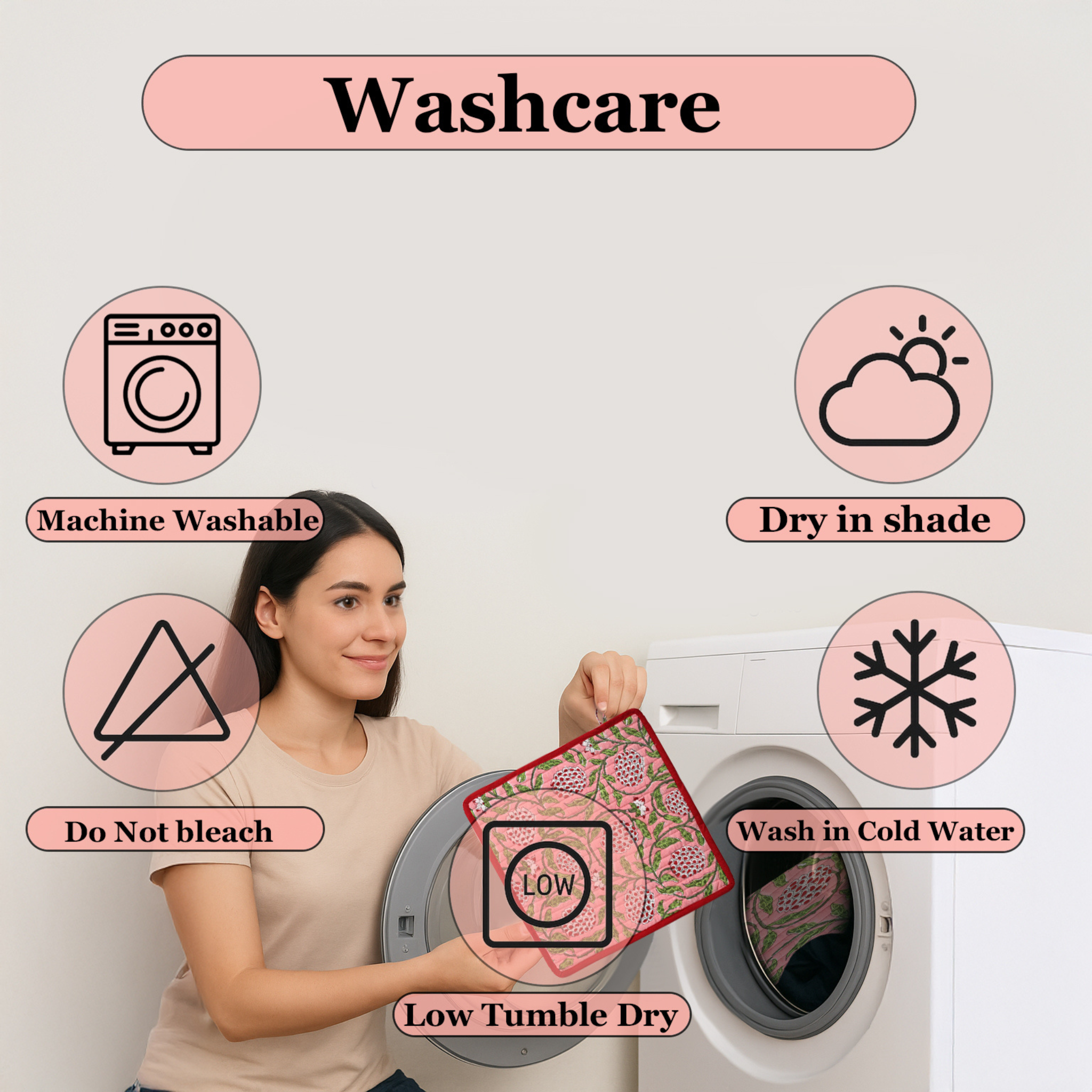 Woman holding a pink mat with washing care symbols around her, indicating machine washable, dry in shade, do not bleach, low tumble dry, and wash in cold water.