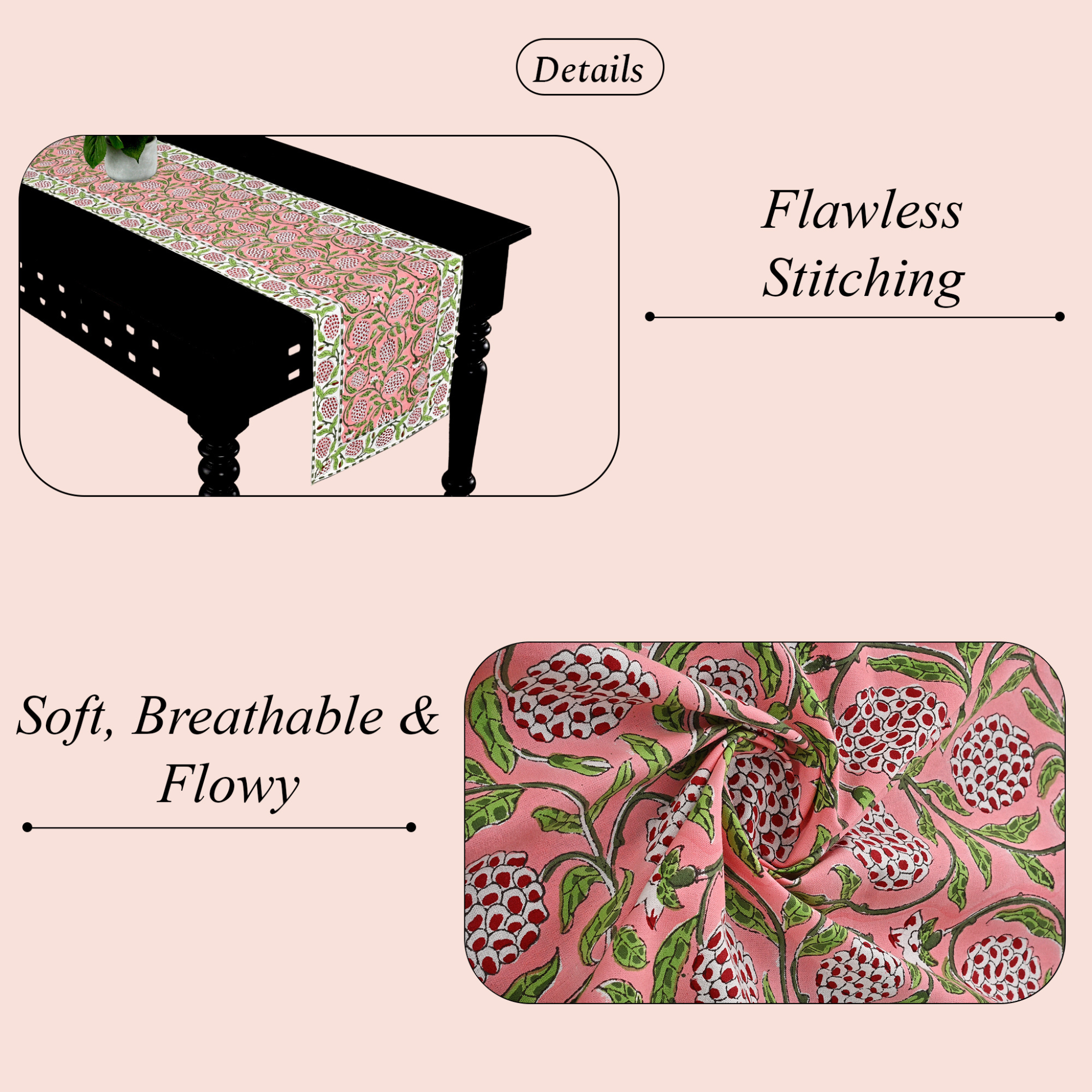 Table runner with floral pattern on a table, highlighting 'Flawless Stitching' and 'Soft, Breathable & Flowy' text.