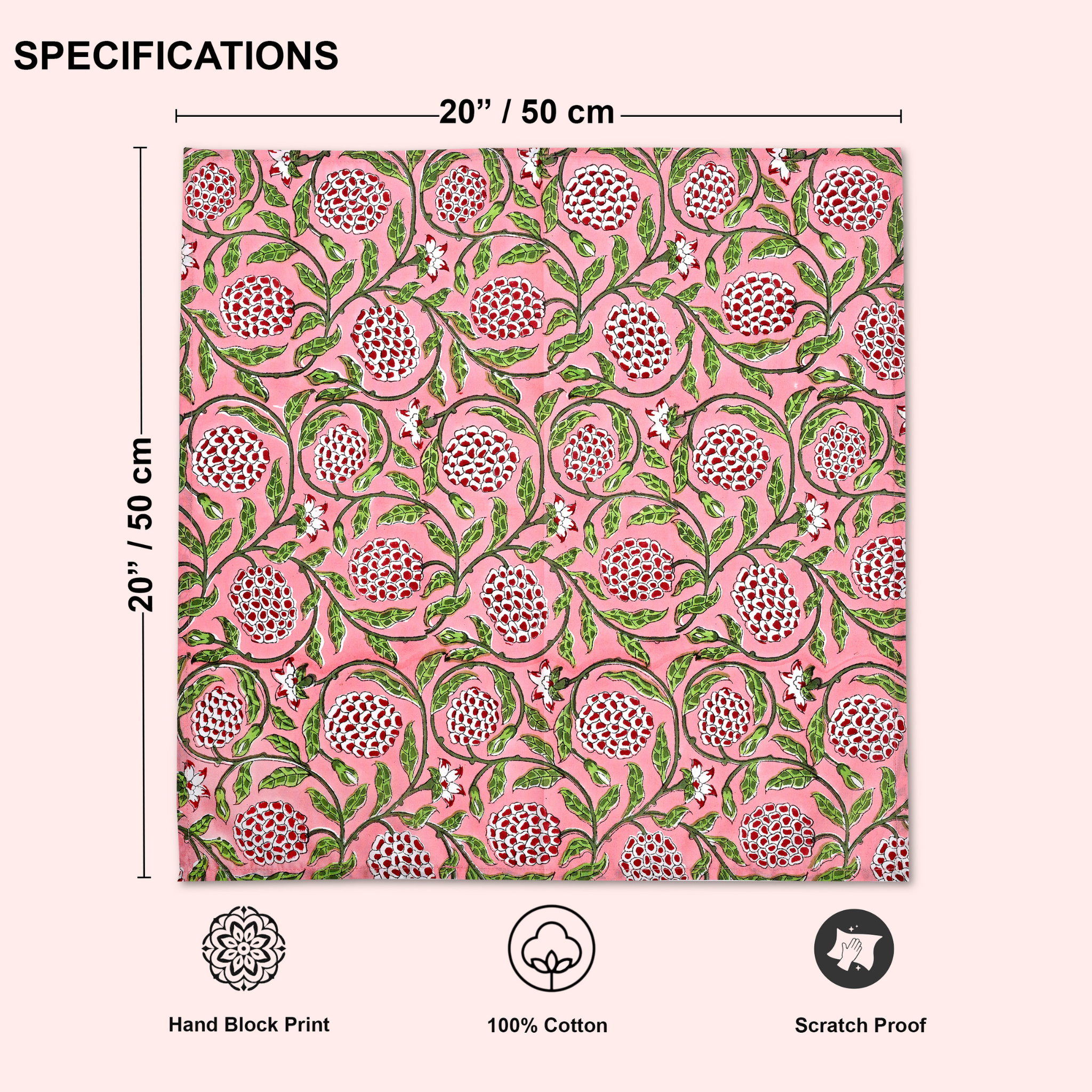 Patterned fabric with dimensions 20" x 50" and features of hand block print, 100% cotton, and scratch proof on a white background.