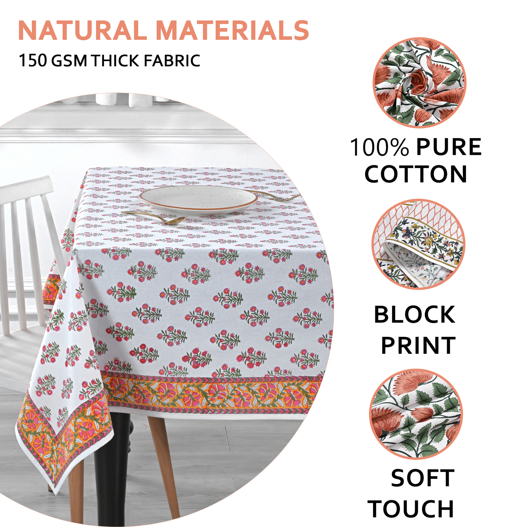 Floral patterned tablecloth on a table with text highlighting natural materials and fabric details.