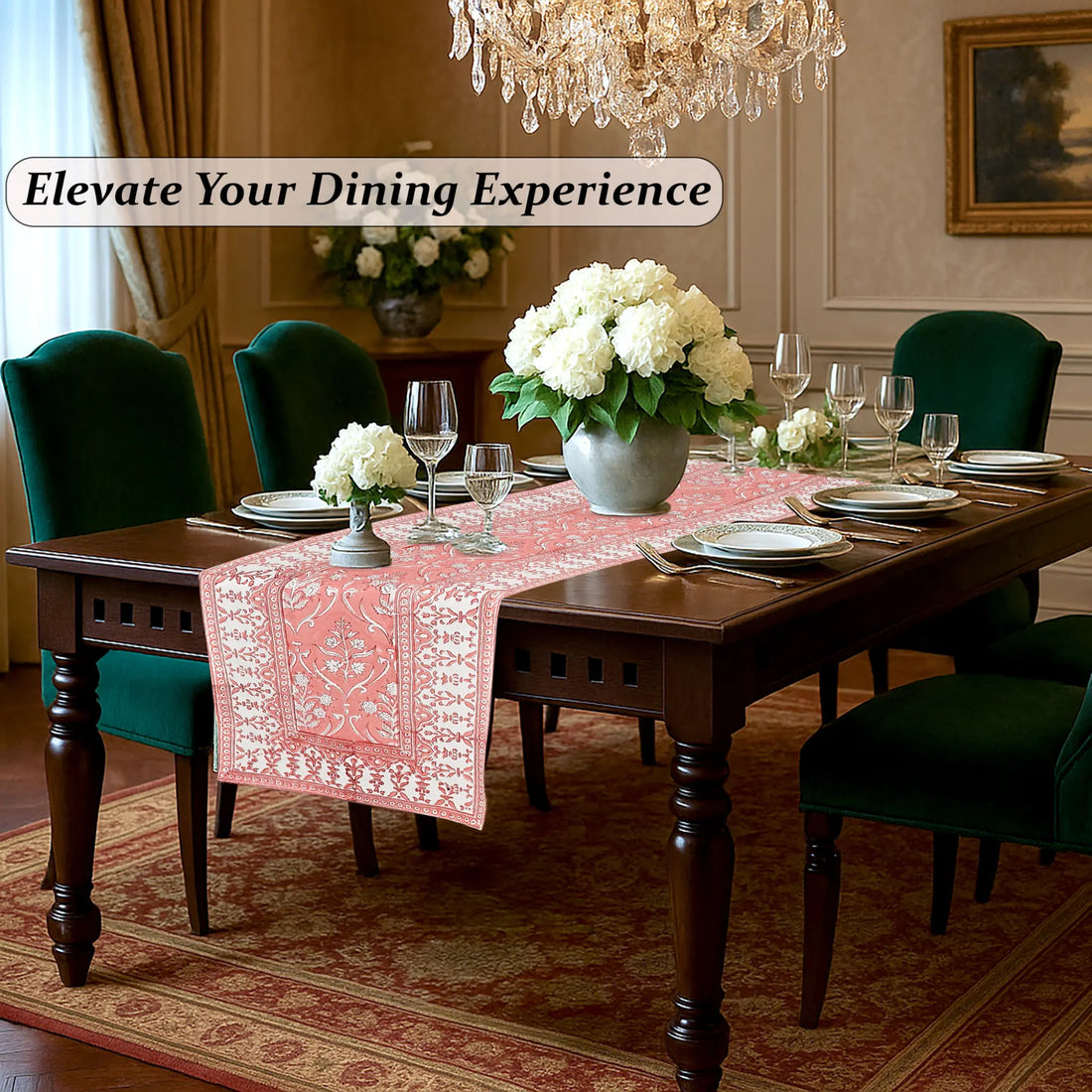 Dining room with a table set for dinner, flowers, and a chandelier.