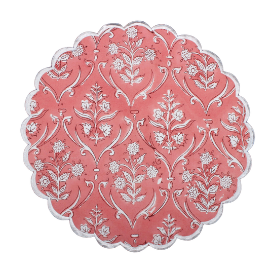 Decorative pink and white patterned plate on a white background