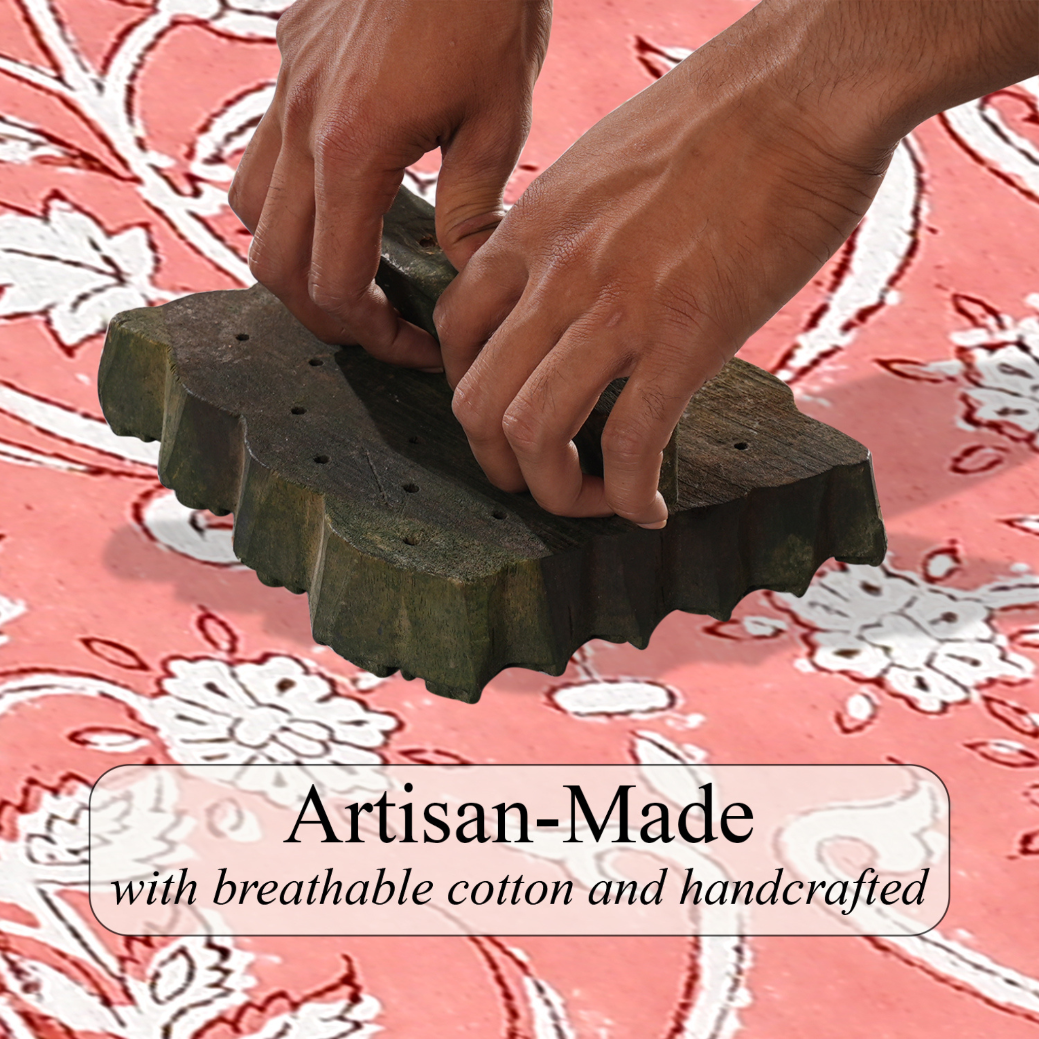 Hands holding a green woven item against a pink floral background with 'Artisan-Made' text.