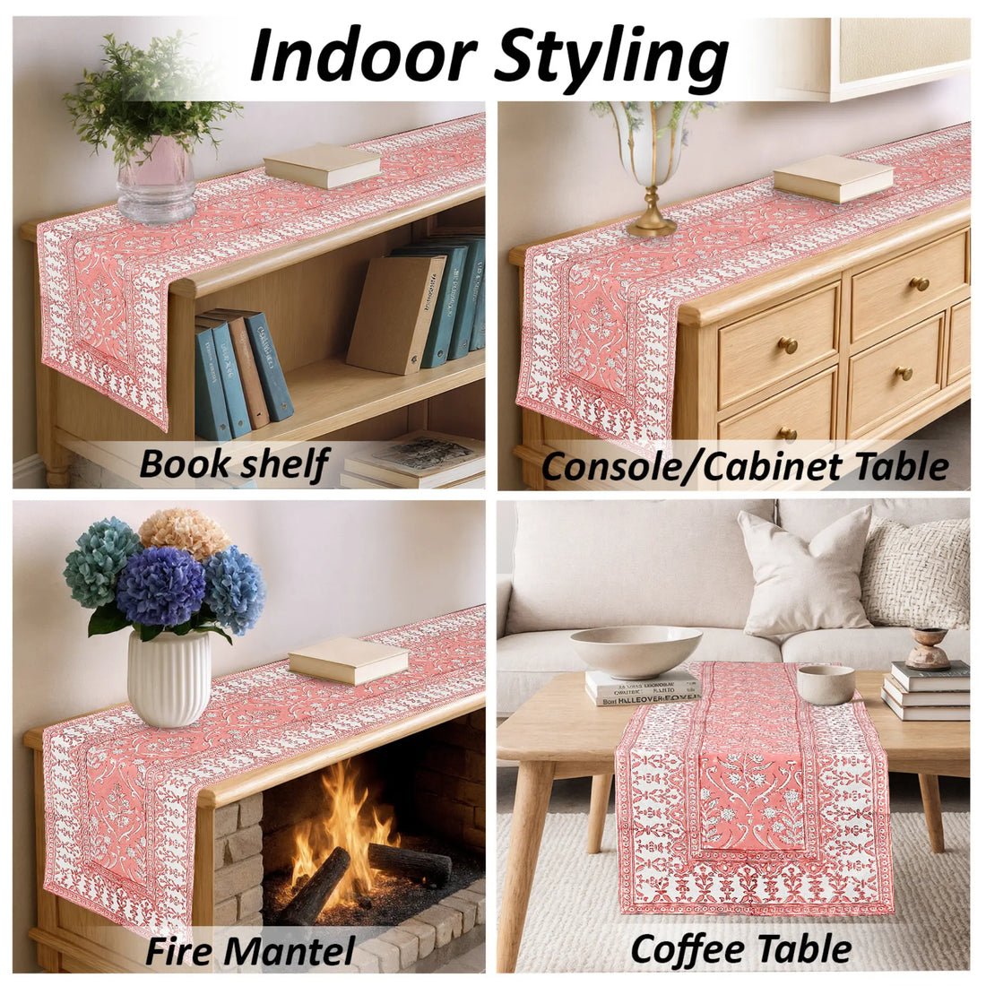 Collage of a pink patterned table runner used on various furniture pieces including a bookshelf, console cabinet, fire mantel, and coffee table.