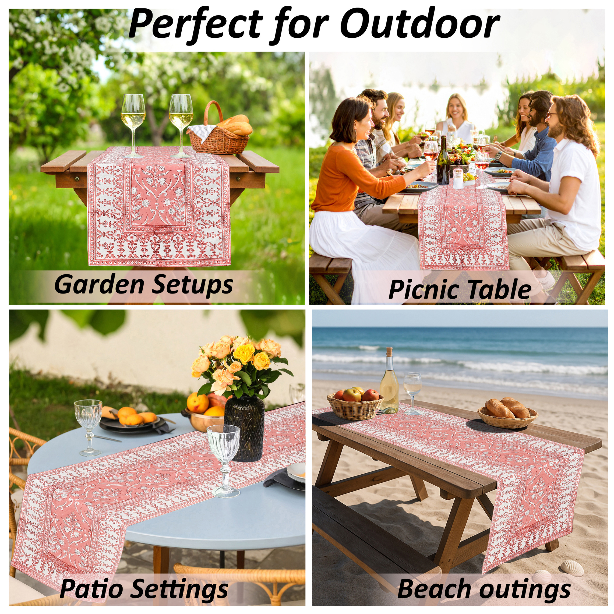Collage of outdoor settings with a pink table runner, including garden, picnic, patio, and beach scenes.